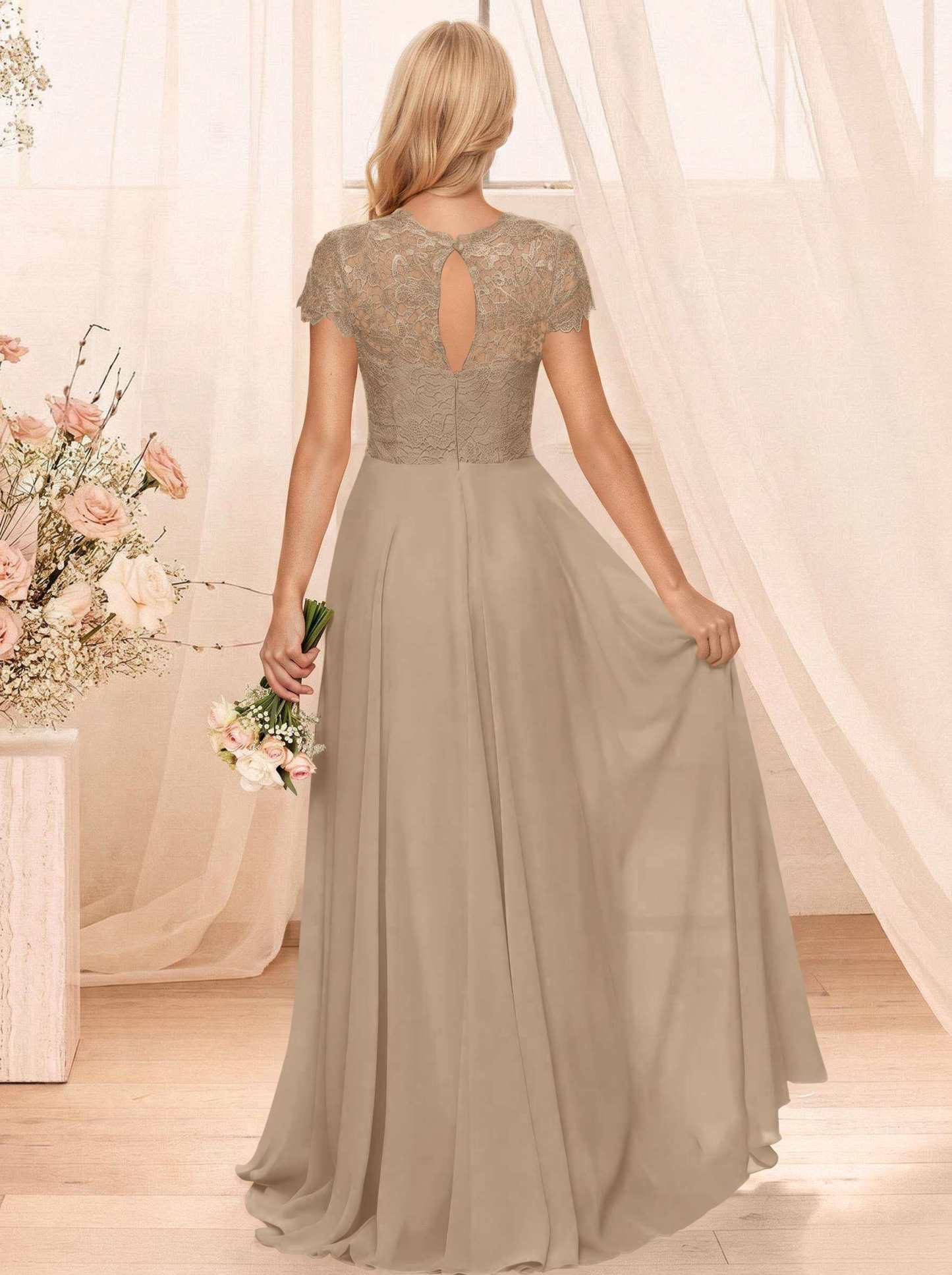 A-Line Scoop Neck Sleeveless Cap Straps Chiffon Floor-Length Bridesmaid Dresses With Lace, product image 98