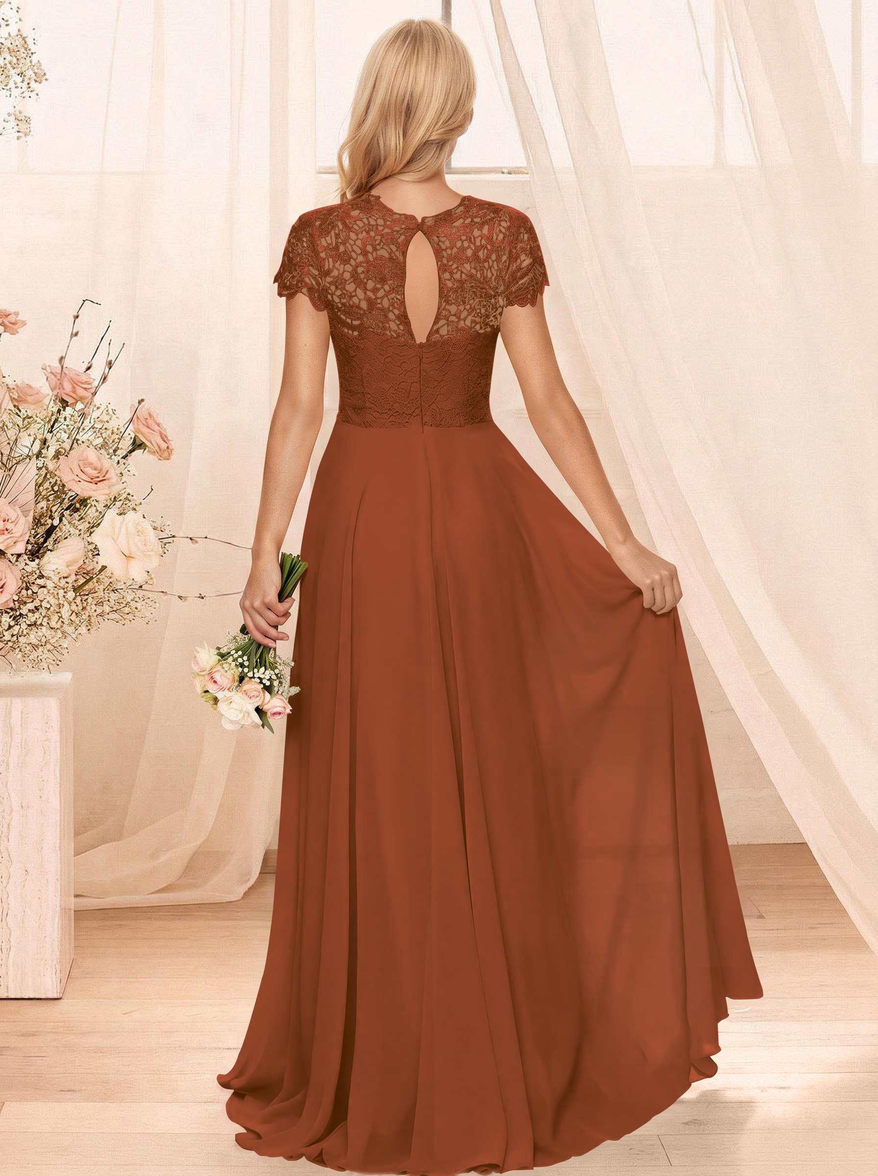 A-Line Scoop Neck Sleeveless Cap Straps Chiffon Floor-Length Bridesmaid Dresses With Lace, product image 134