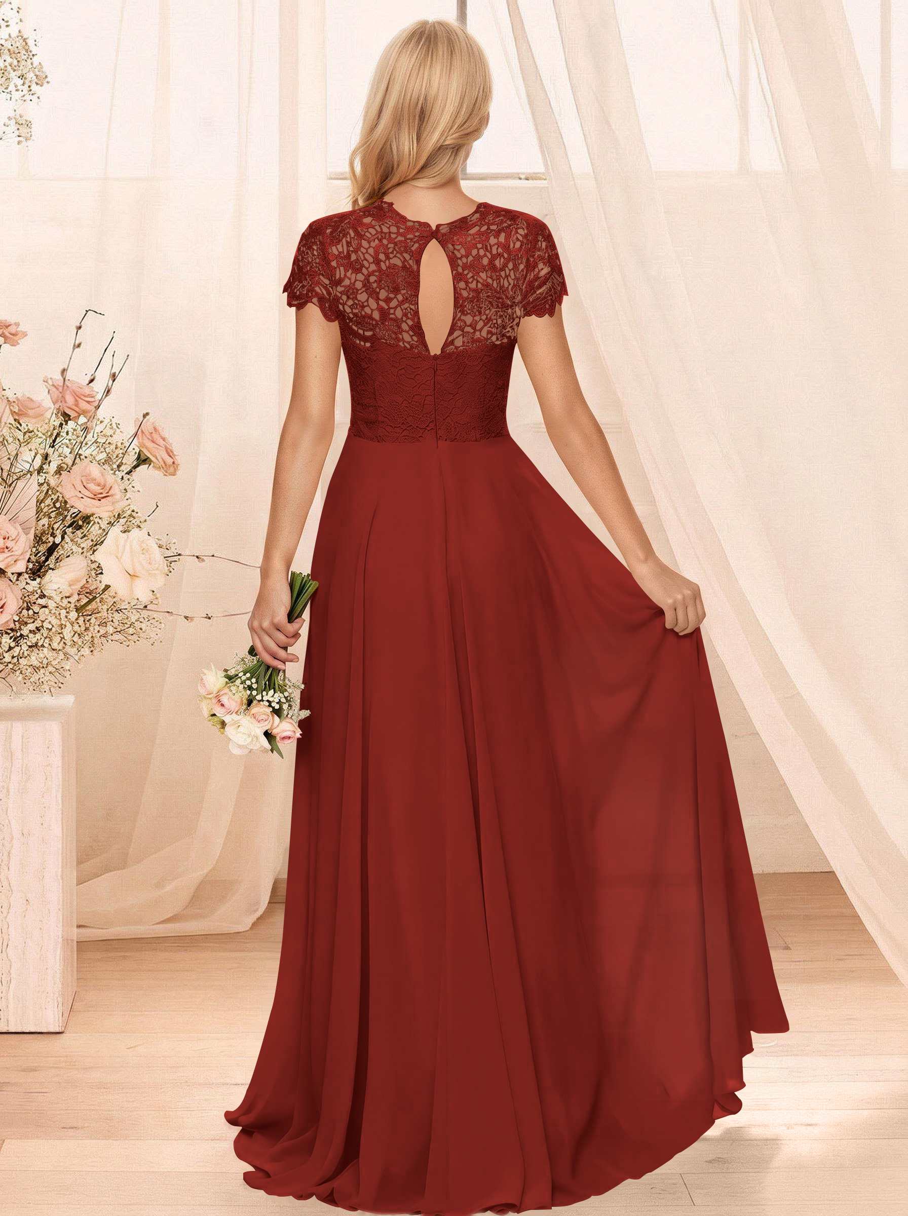 A-Line Scoop Neck Sleeveless Cap Straps Chiffon Floor-Length Bridesmaid Dresses With Lace, product image 38
