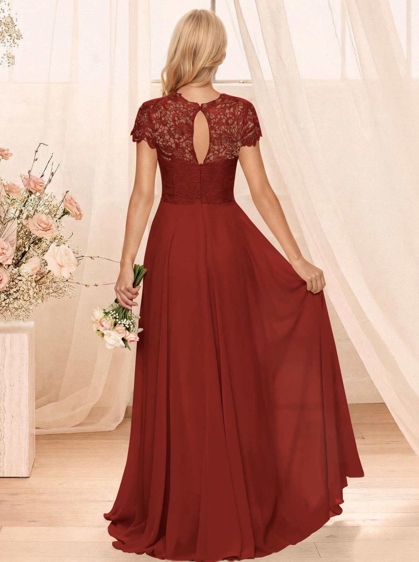 A-Line Scoop Neck Sleeveless Cap Straps Chiffon Floor-Length Bridesmaid Dresses With Lace, product image 38