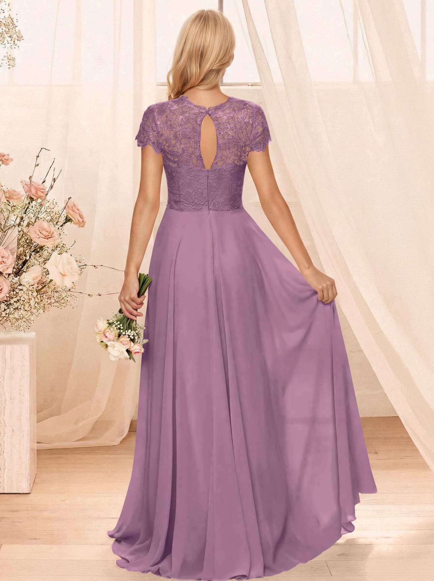 A-Line Scoop Neck Sleeveless Cap Straps Chiffon Floor-Length Bridesmaid Dresses With Lace, product image 56