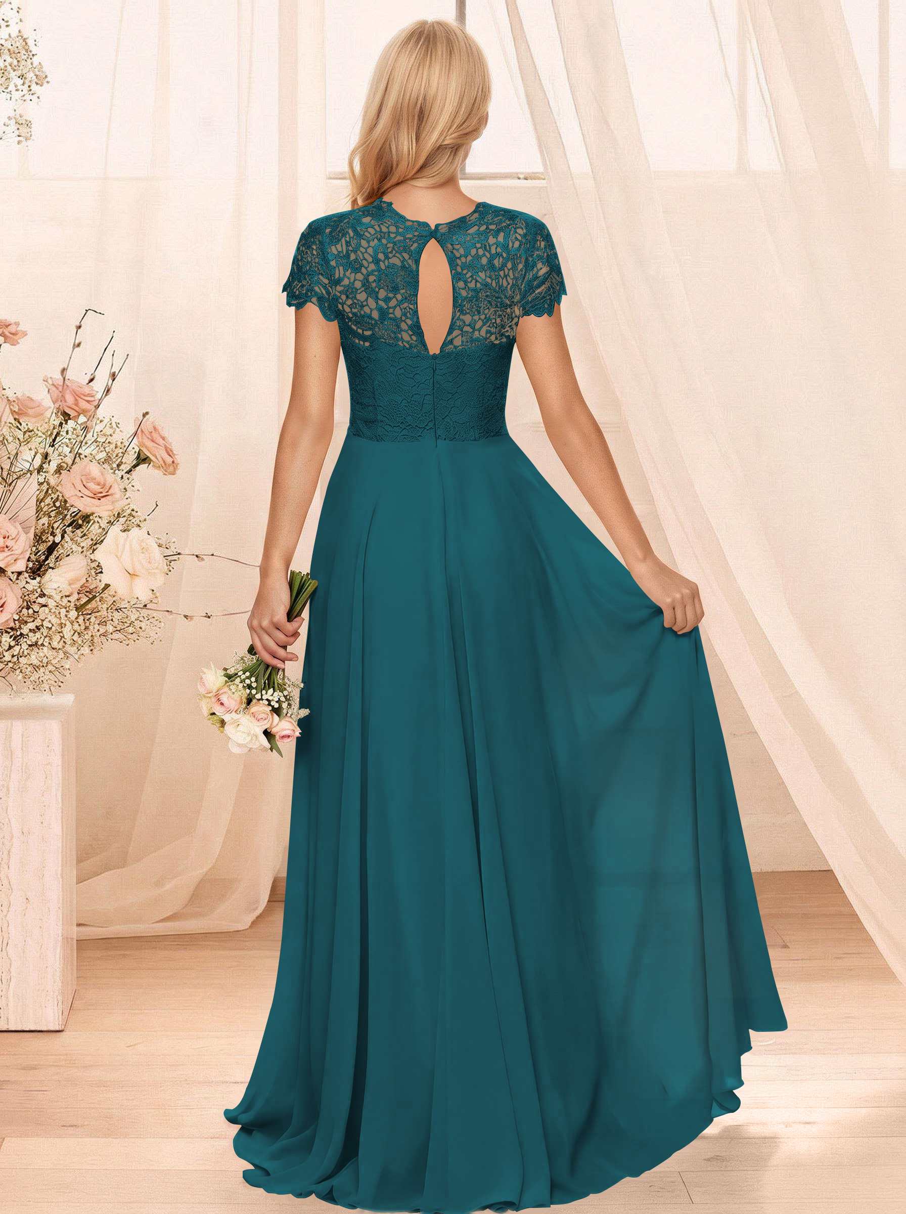 A-Line Scoop Neck Sleeveless Cap Straps Chiffon Floor-Length Bridesmaid Dresses With Lace, product image 14