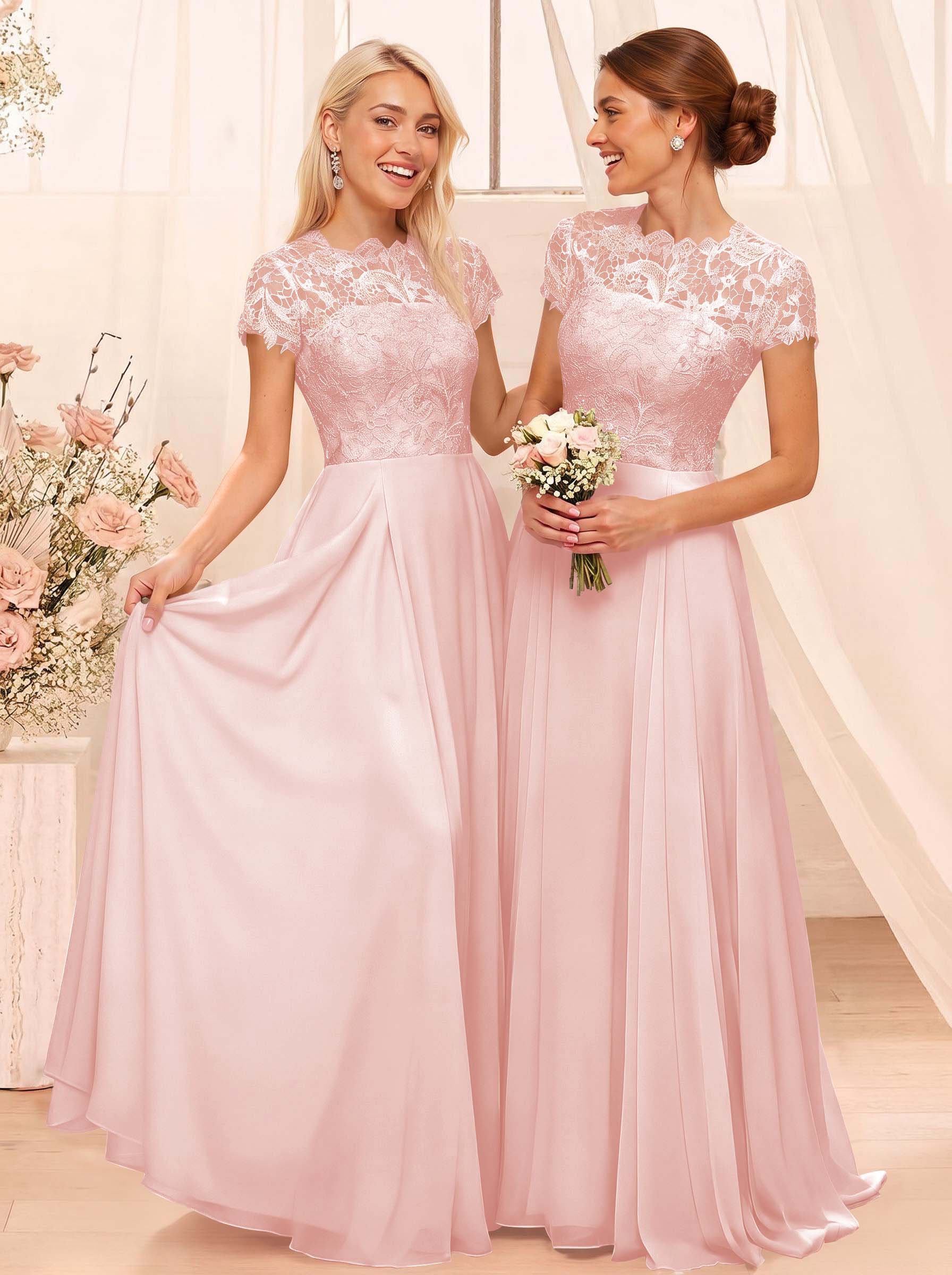 A-Line Scoop Neck Sleeveless Cap Straps Chiffon Floor-Length Bridesmaid Dresses With Lace, product image 49