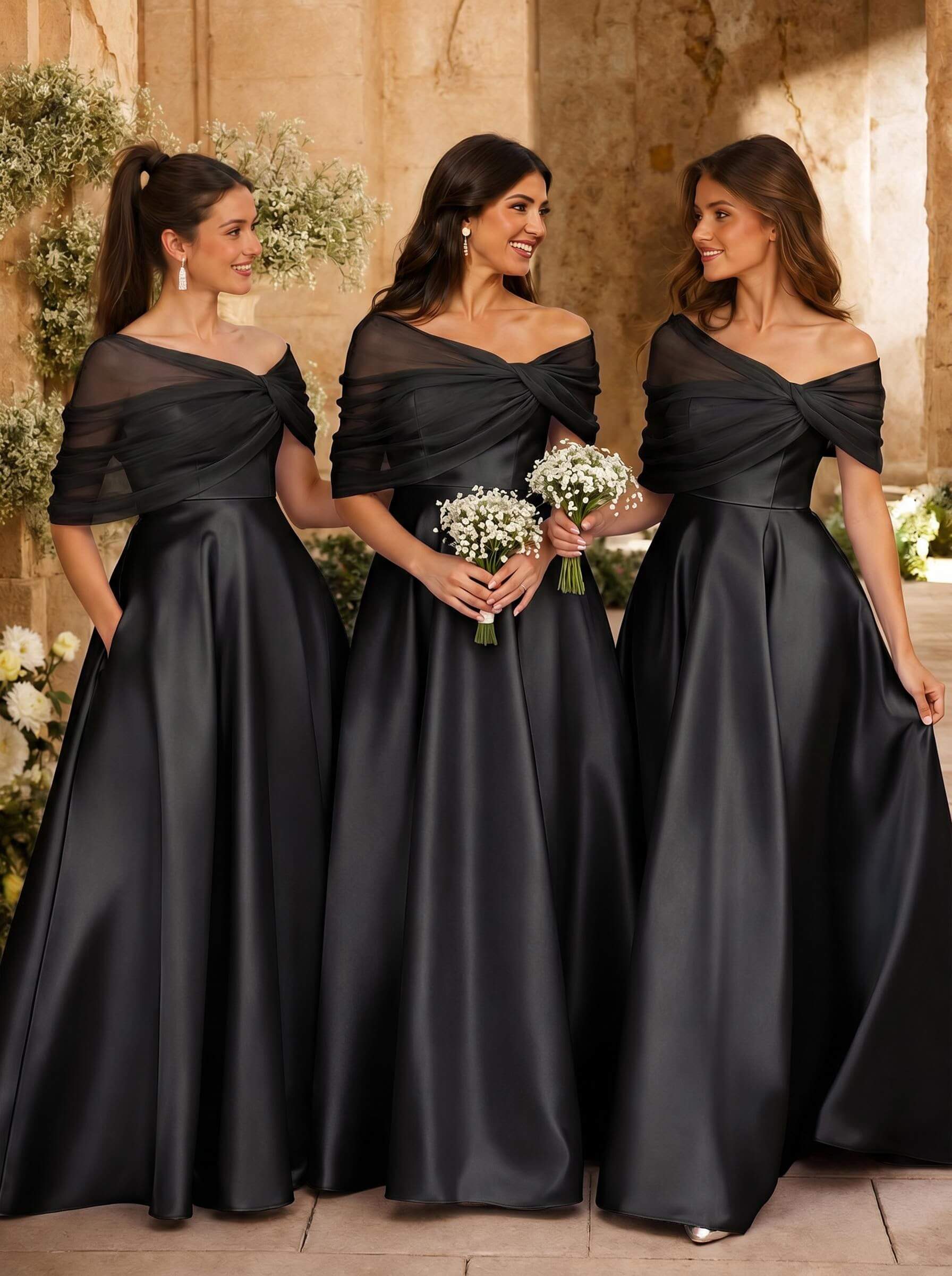A-Line Asymmetrical Short Sleeves Sweep Train Satin Tulle Bridesmaid Dresses With Sweeping Side Drape, product image 114