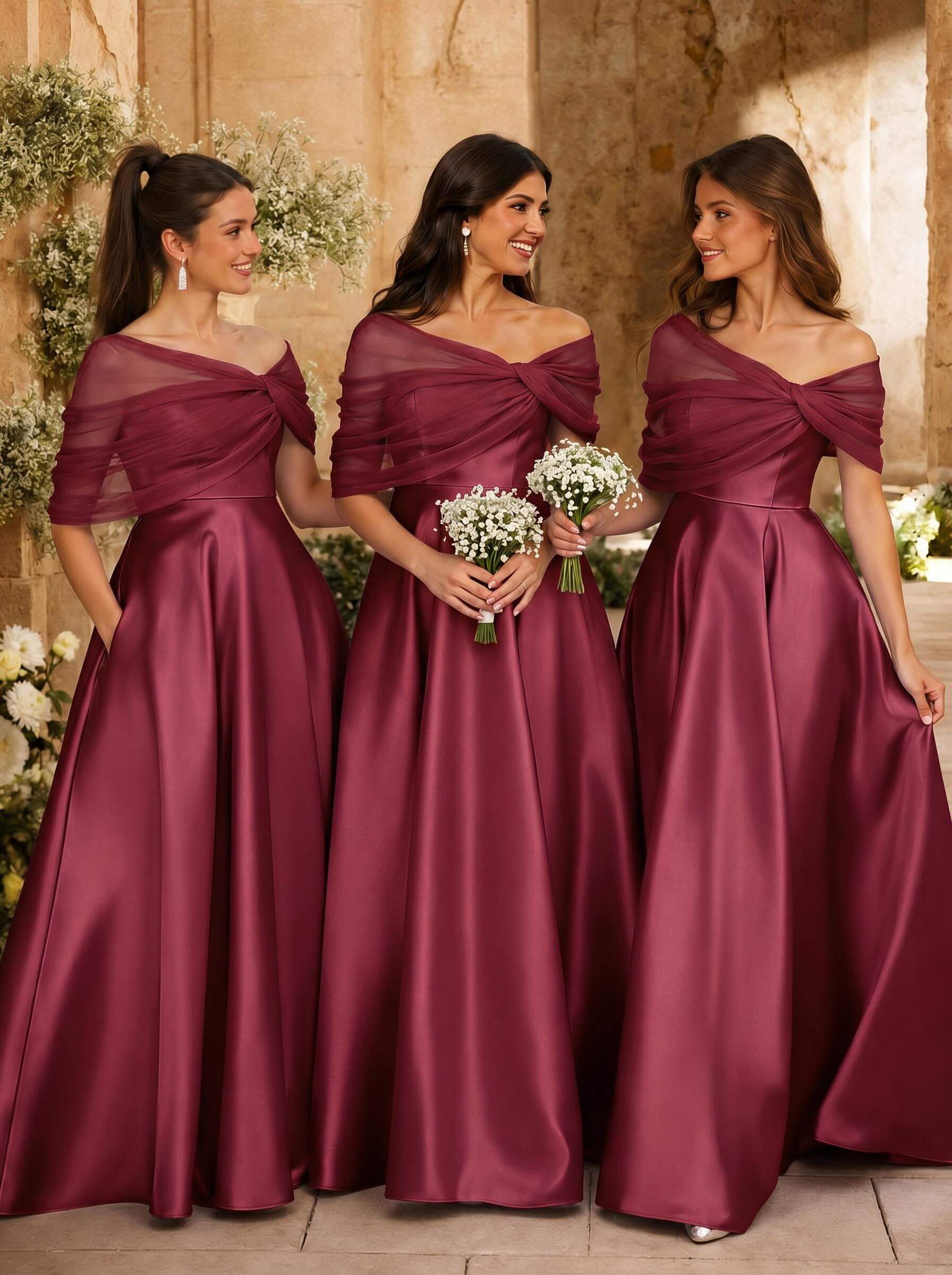 A-Line Asymmetrical Short Sleeves Sweep Train Satin Tulle Bridesmaid Dresses With Sweeping Side Drape, product image 30