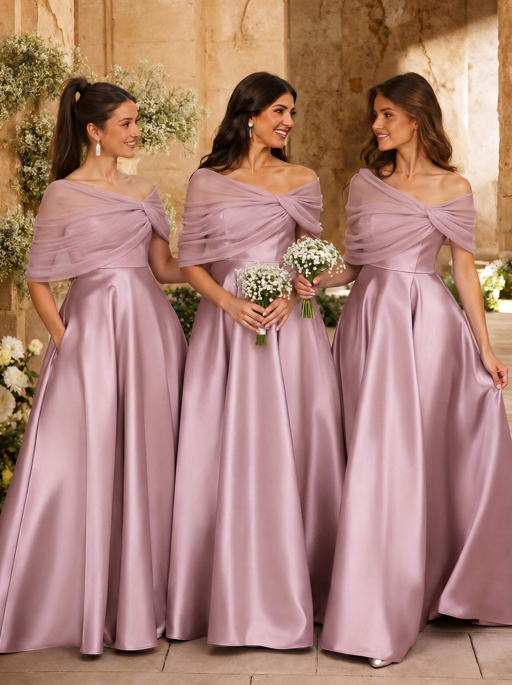 A-Line Asymmetrical Short Sleeves Sweep Train Satin Tulle Bridesmaid Dresses With Sweeping Side Drape, product image 42