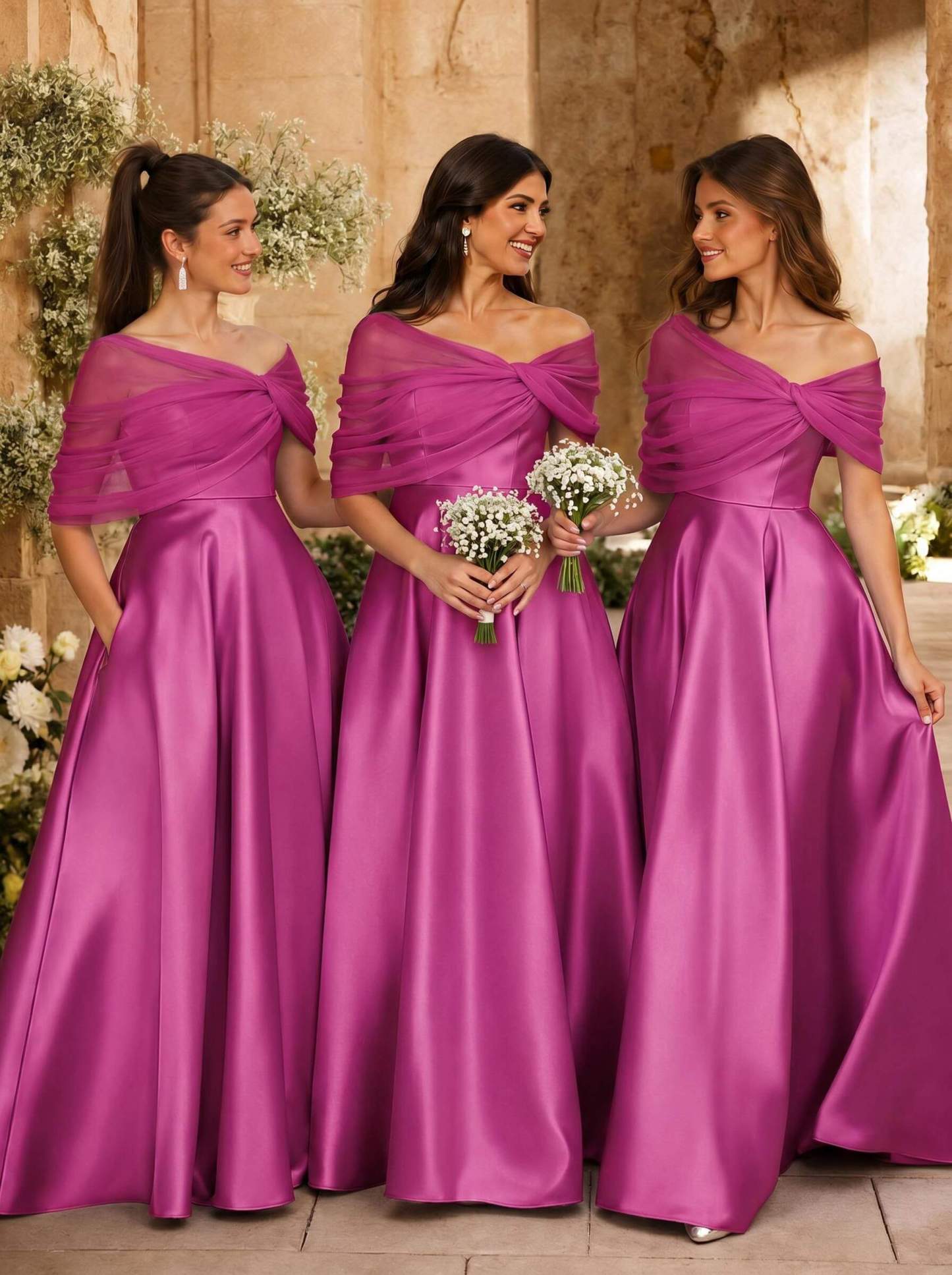 A-Line Asymmetrical Short Sleeves Sweep Train Satin Tulle Bridesmaid Dresses With Sweeping Side Drape, product image 72