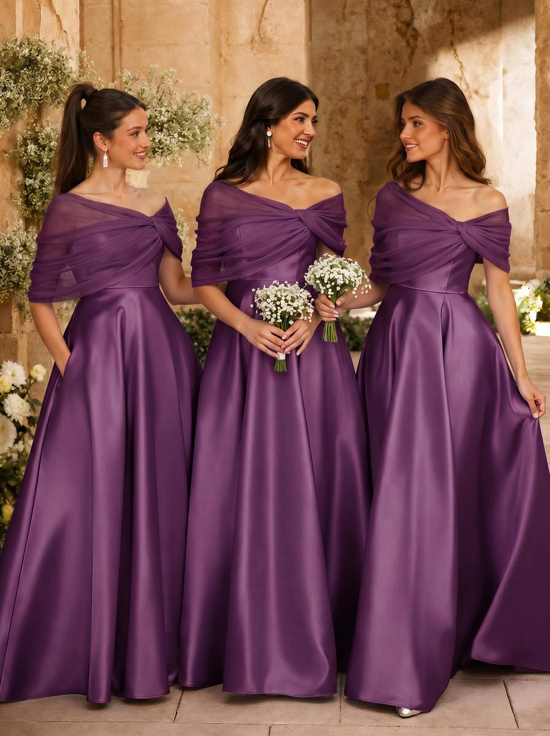 A-Line Asymmetrical Short Sleeves Sweep Train Satin Tulle Bridesmaid Dresses With Sweeping Side Drape, product image 68