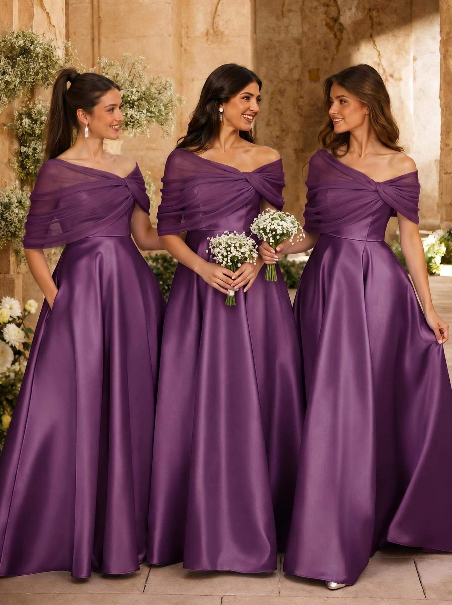 A-Line Asymmetrical Short Sleeves Sweep Train Satin Tulle Bridesmaid Dresses With Sweeping Side Drape, product image 68