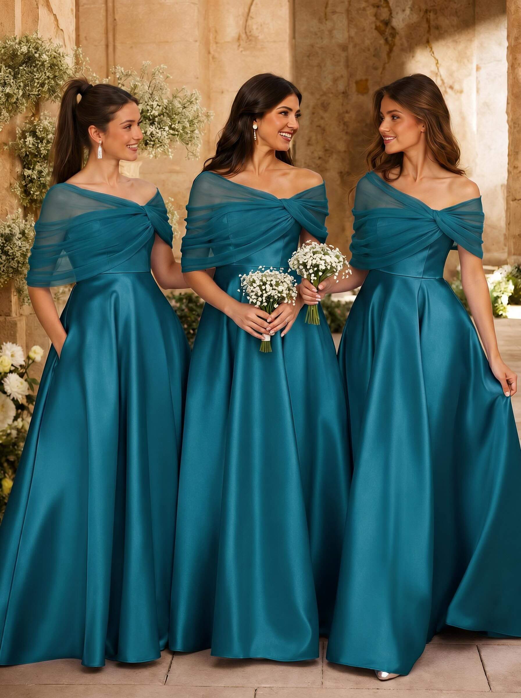 A-Line Asymmetrical Short Sleeves Sweep Train Satin Tulle Bridesmaid Dresses With Sweeping Side Drape, product image 14