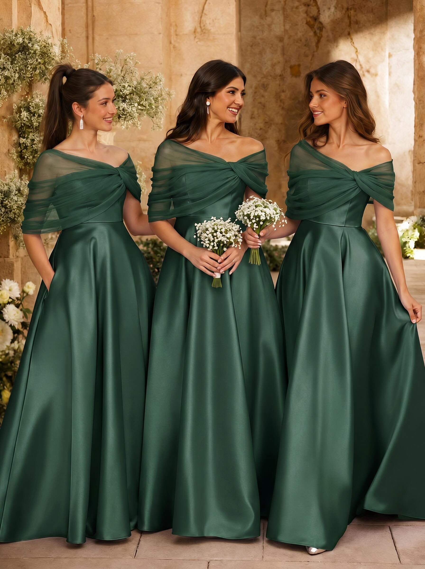 A-Line Asymmetrical Short Sleeves Sweep Train Satin Tulle Bridesmaid Dresses With Sweeping Side Drape, product image 78