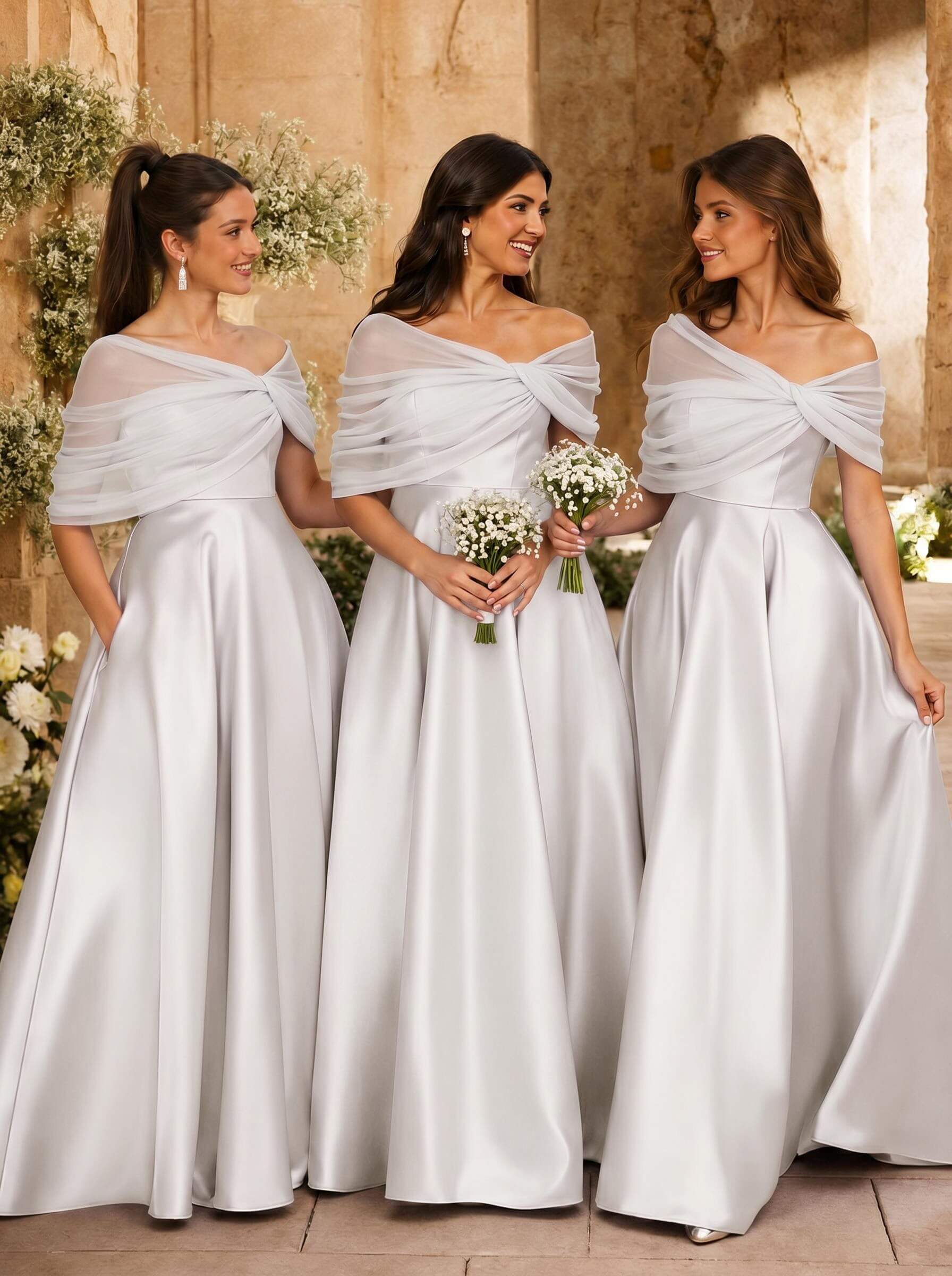 A-Line Asymmetrical Short Sleeves Sweep Train Satin Tulle Bridesmaid Dresses With Sweeping Side Drape, product image 106