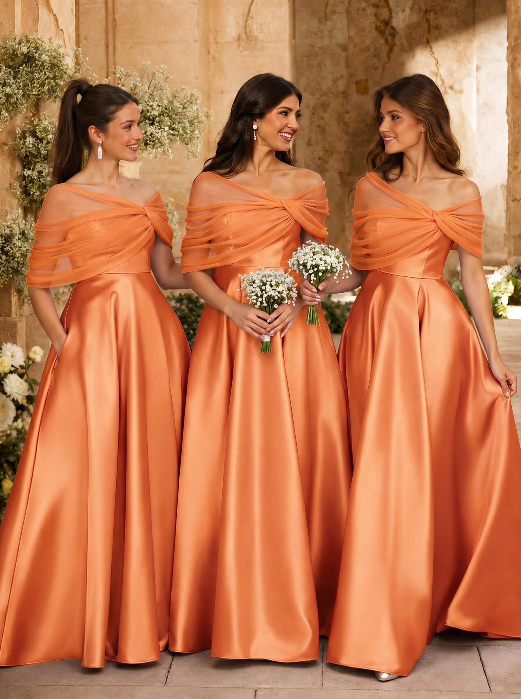 A-Line Asymmetrical Short Sleeves Sweep Train Satin Tulle Bridesmaid Dresses With Sweeping Side Drape, product image 100
