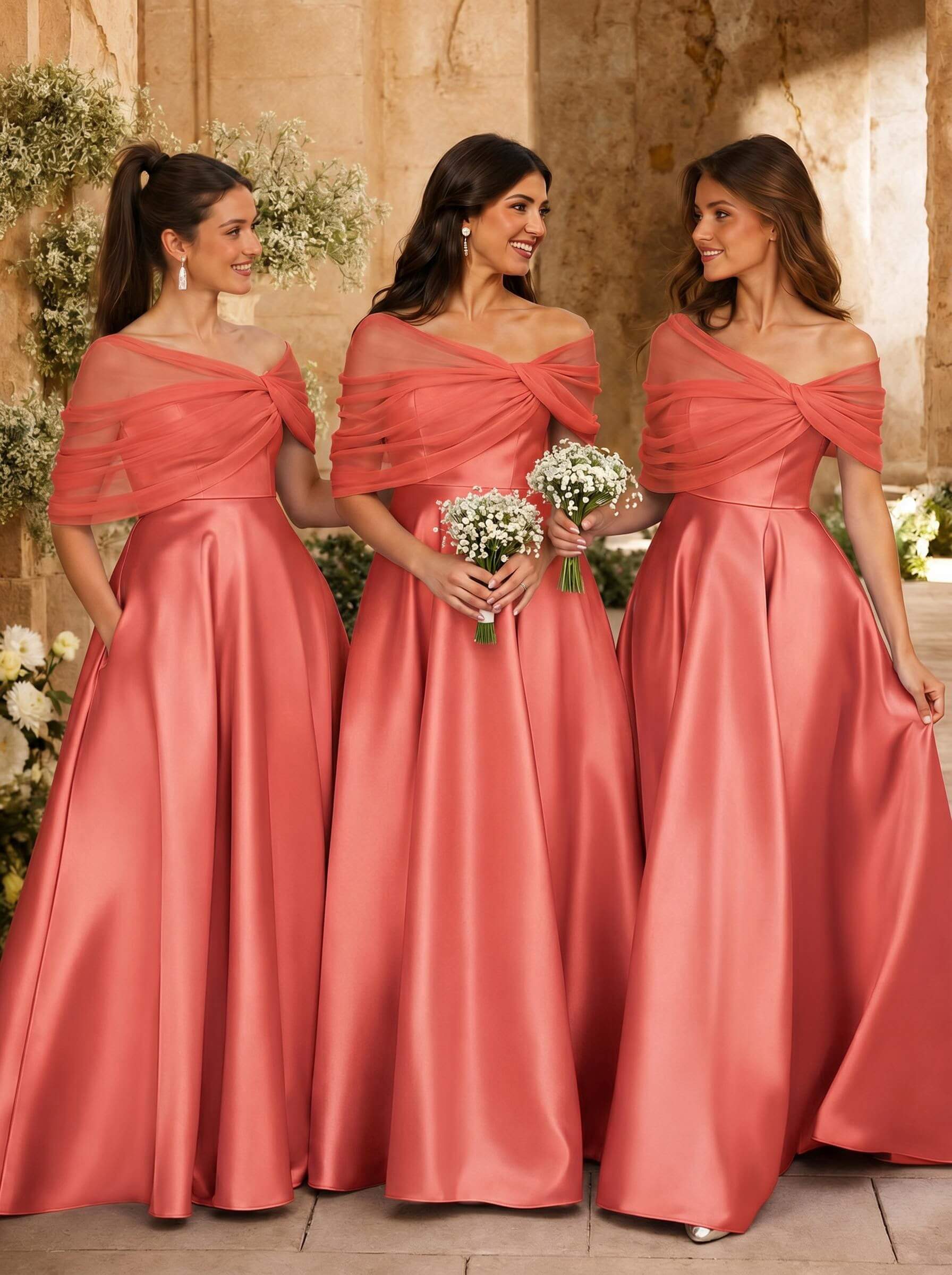 A-Line Asymmetrical Short Sleeves Sweep Train Satin Tulle Bridesmaid Dresses With Sweeping Side Drape, product image 102