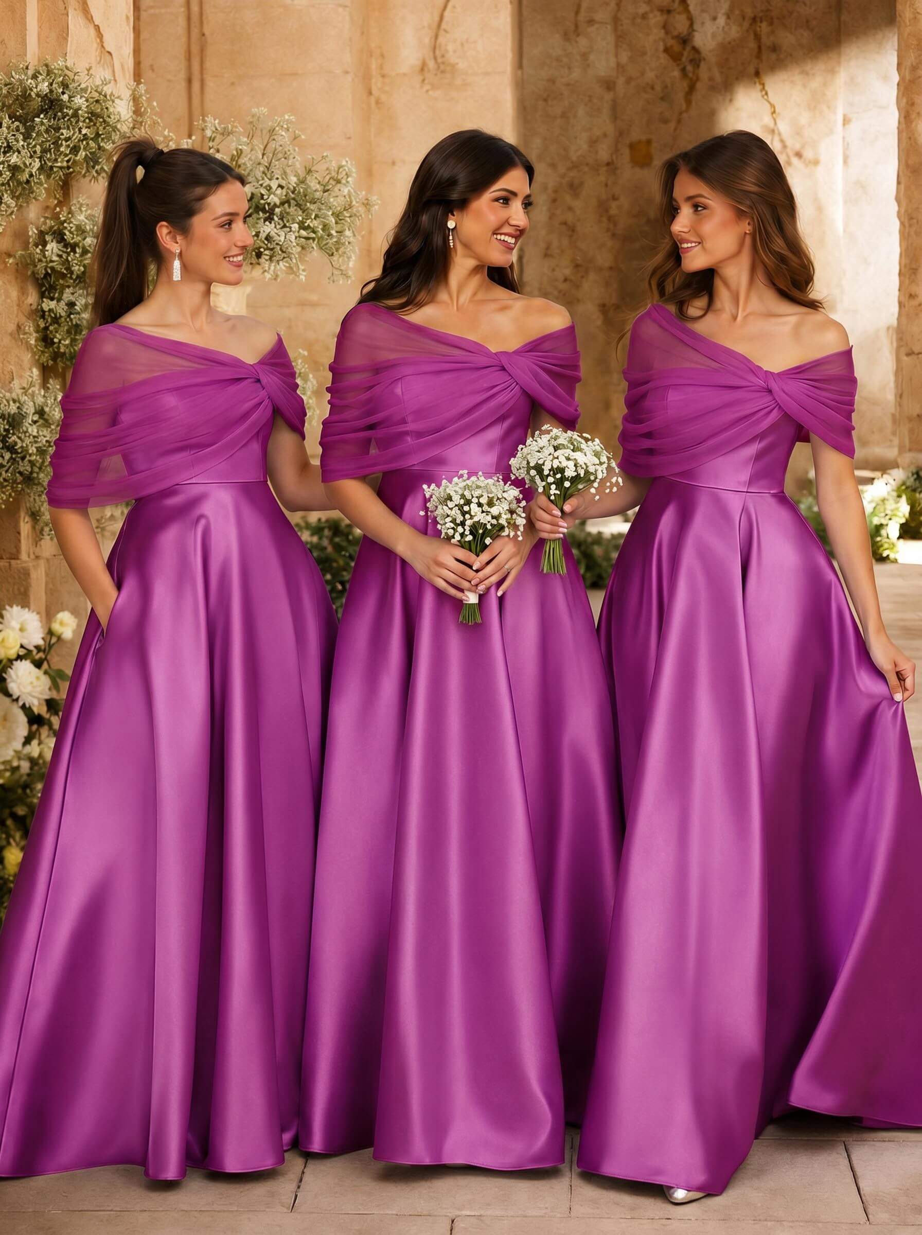 A-Line Asymmetrical Short Sleeves Sweep Train Satin Tulle Bridesmaid Dresses With Sweeping Side Drape, product image 70