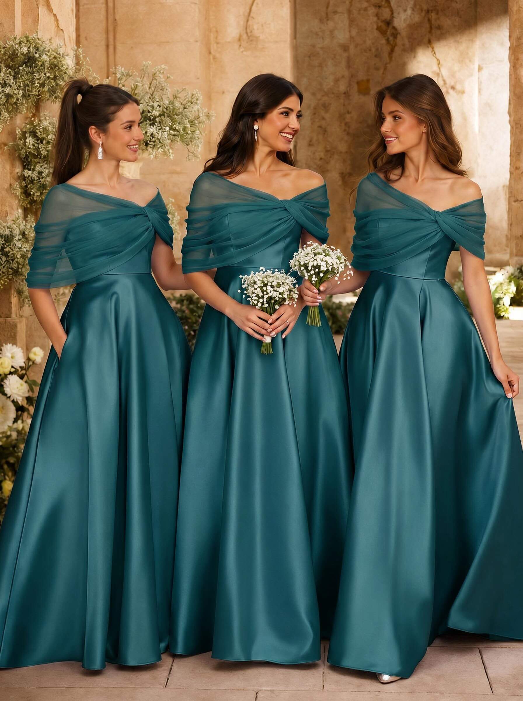A-Line Asymmetrical Short Sleeves Sweep Train Satin Tulle Bridesmaid Dresses With Sweeping Side Drape, product image 80