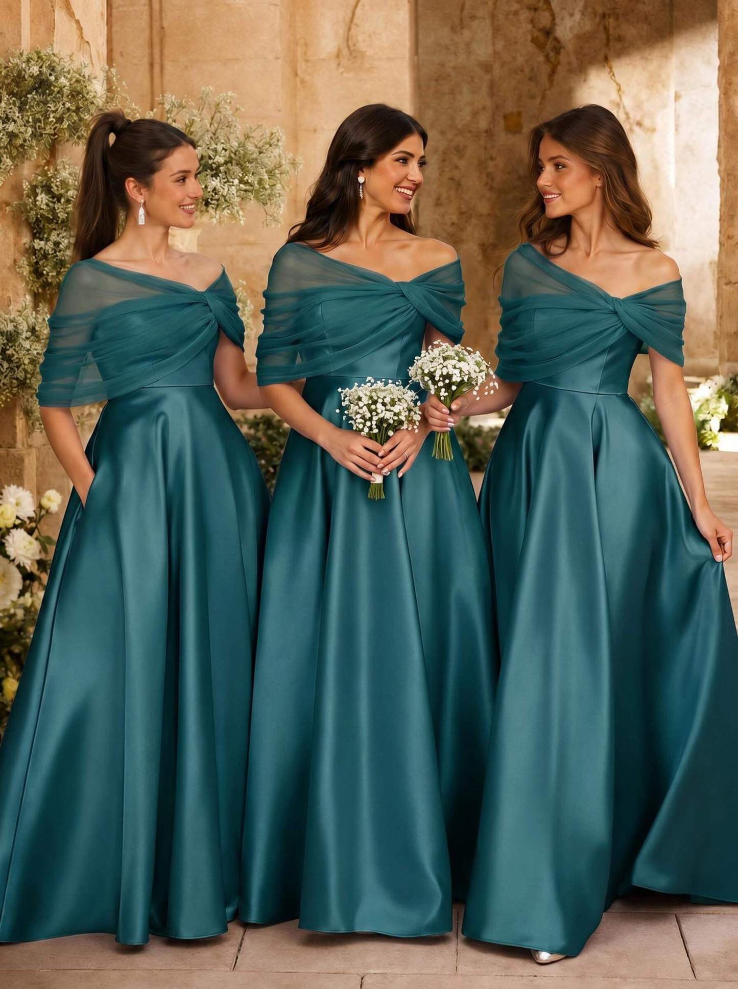 A-Line Asymmetrical Short Sleeves Sweep Train Satin Tulle Bridesmaid Dresses With Sweeping Side Drape, product image 80