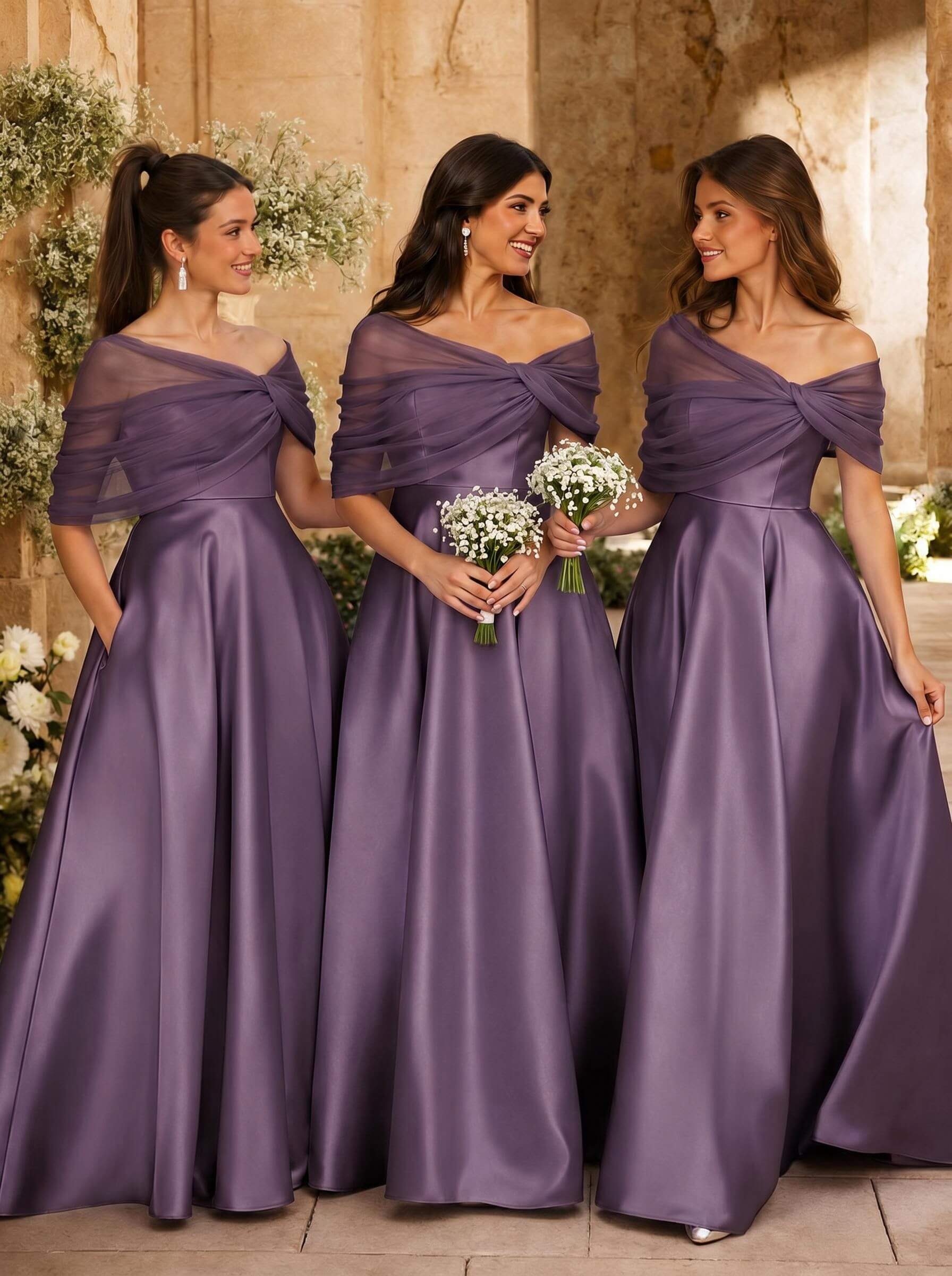 A-Line Asymmetrical Short Sleeves Sweep Train Satin Tulle Bridesmaid Dresses With Sweeping Side Drape, product image 118