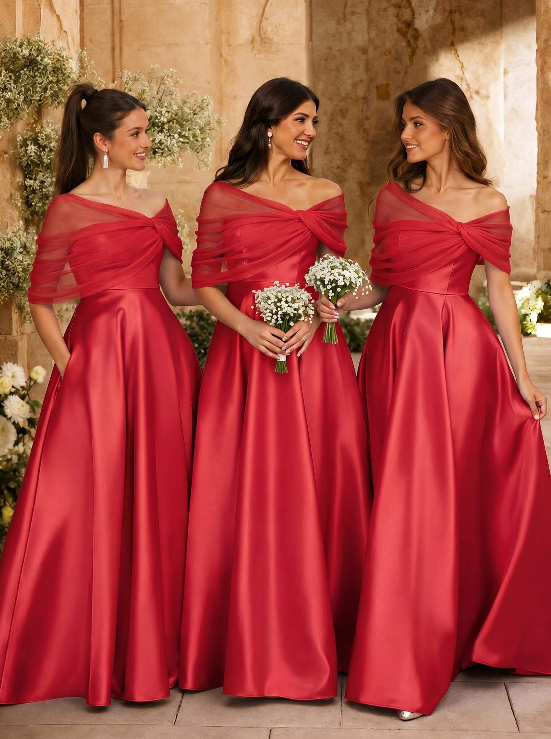 A-Line Asymmetrical Short Sleeves Sweep Train Satin Tulle Bridesmaid Dresses With Sweeping Side Drape, product image 36