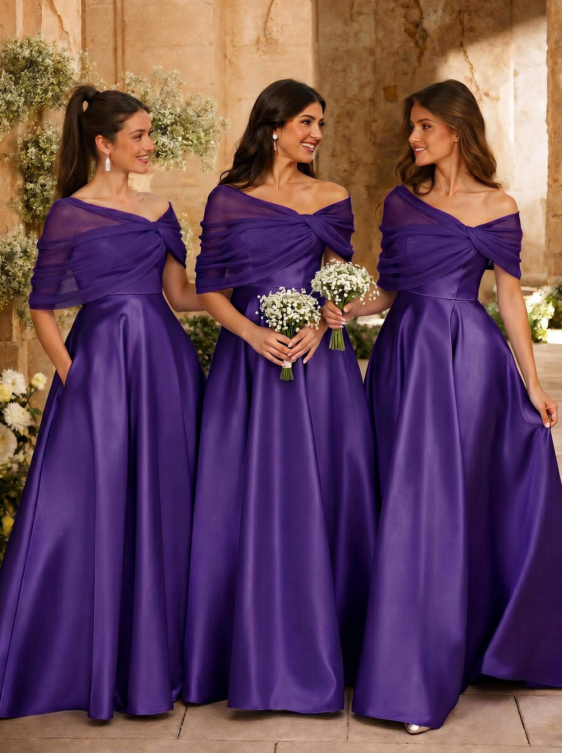 A-Line Asymmetrical Short Sleeves Sweep Train Satin Tulle Bridesmaid Dresses With Sweeping Side Drape, product image 74