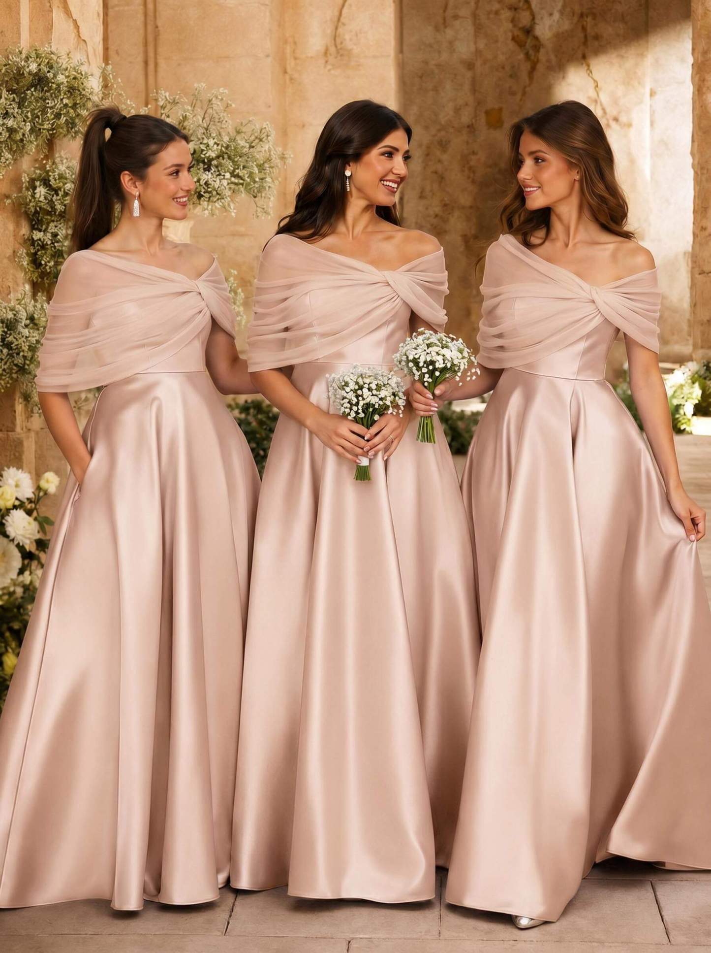 A-Line Asymmetrical Short Sleeves Sweep Train Satin Tulle Bridesmaid Dresses With Sweeping Side Drape, product image 126