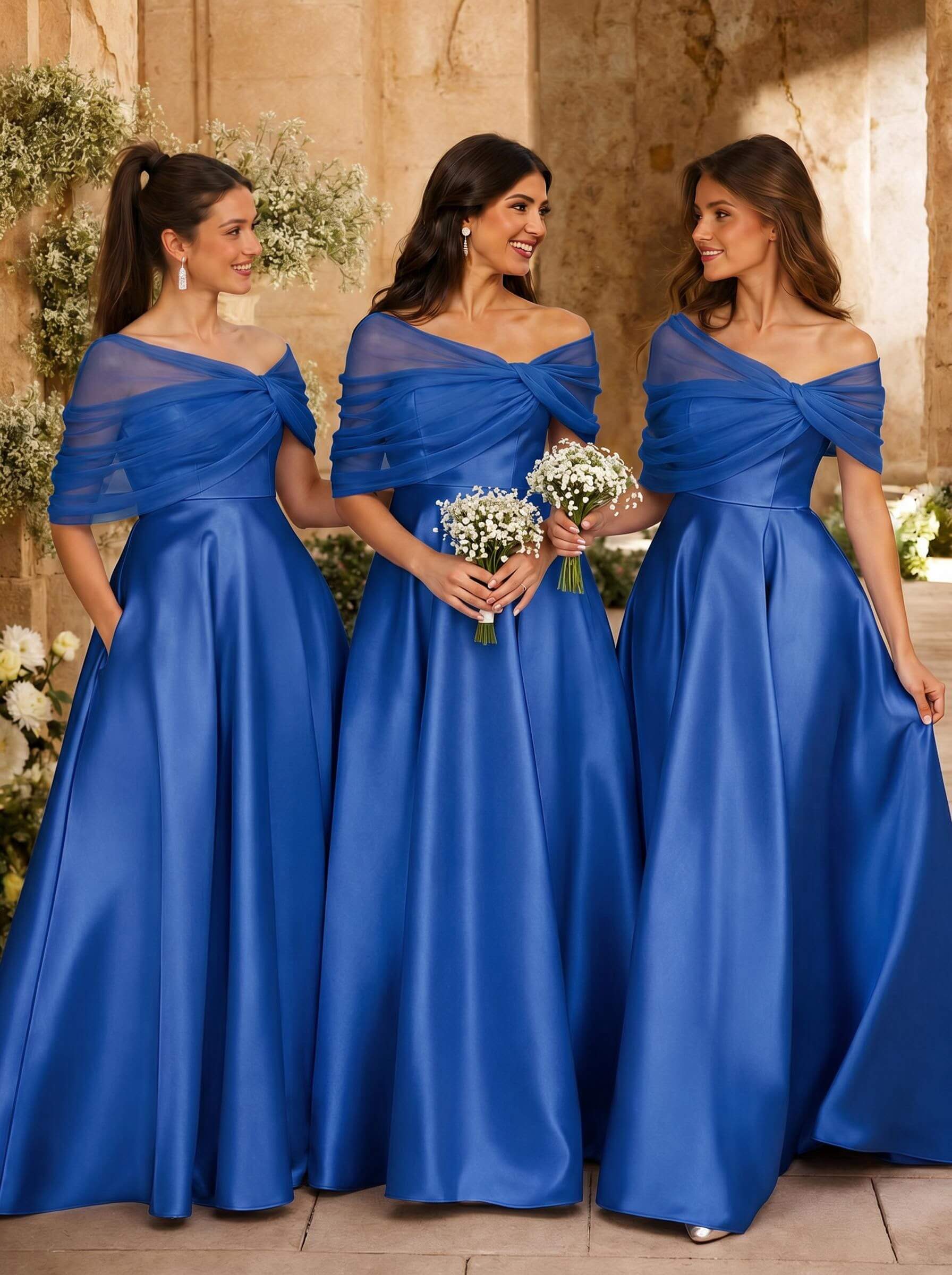A-Line Asymmetrical Short Sleeves Sweep Train Satin Tulle Bridesmaid Dresses With Sweeping Side Drape, product image 16