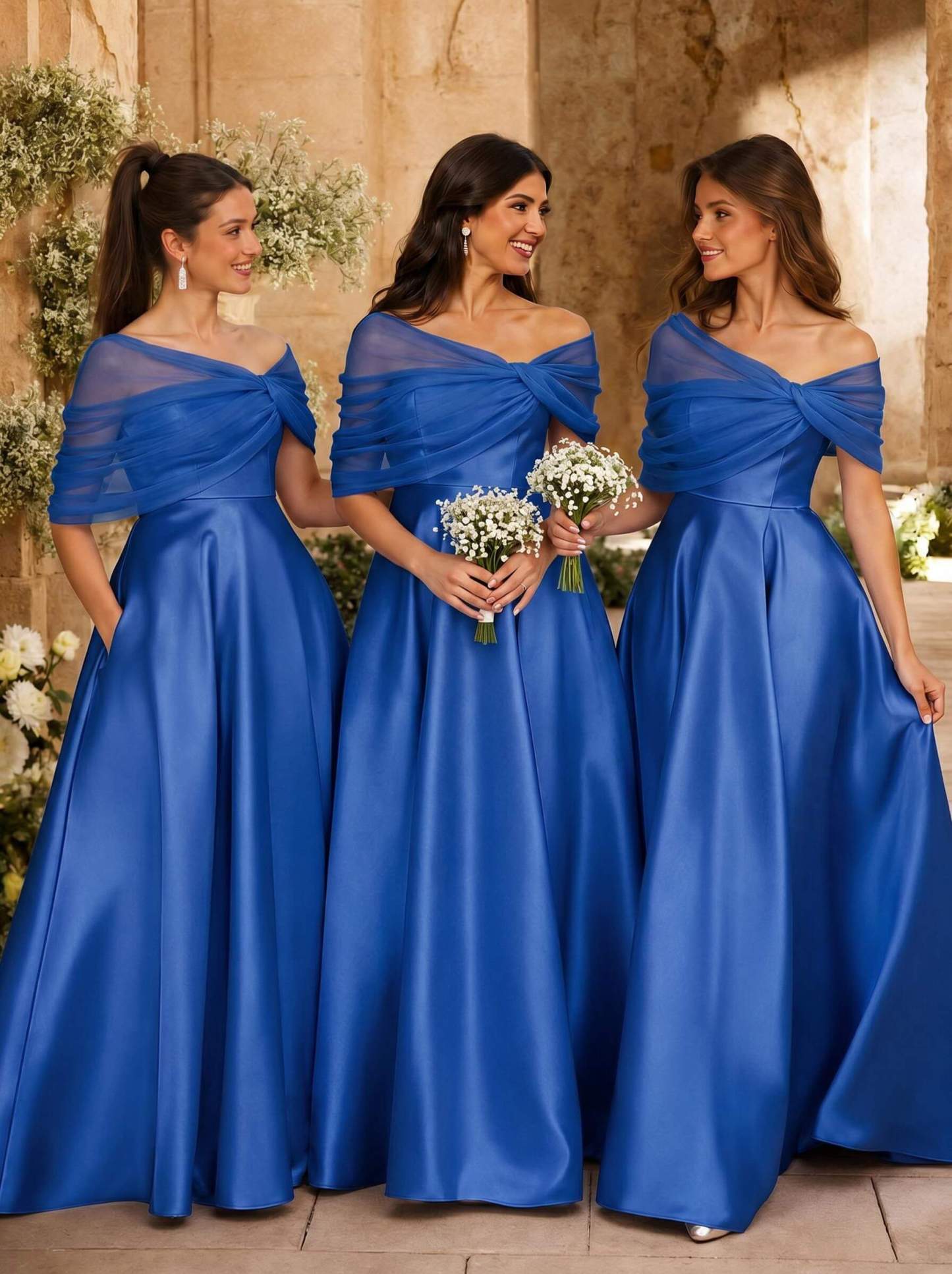 A-Line Asymmetrical Short Sleeves Sweep Train Satin Tulle Bridesmaid Dresses With Sweeping Side Drape, product image 16