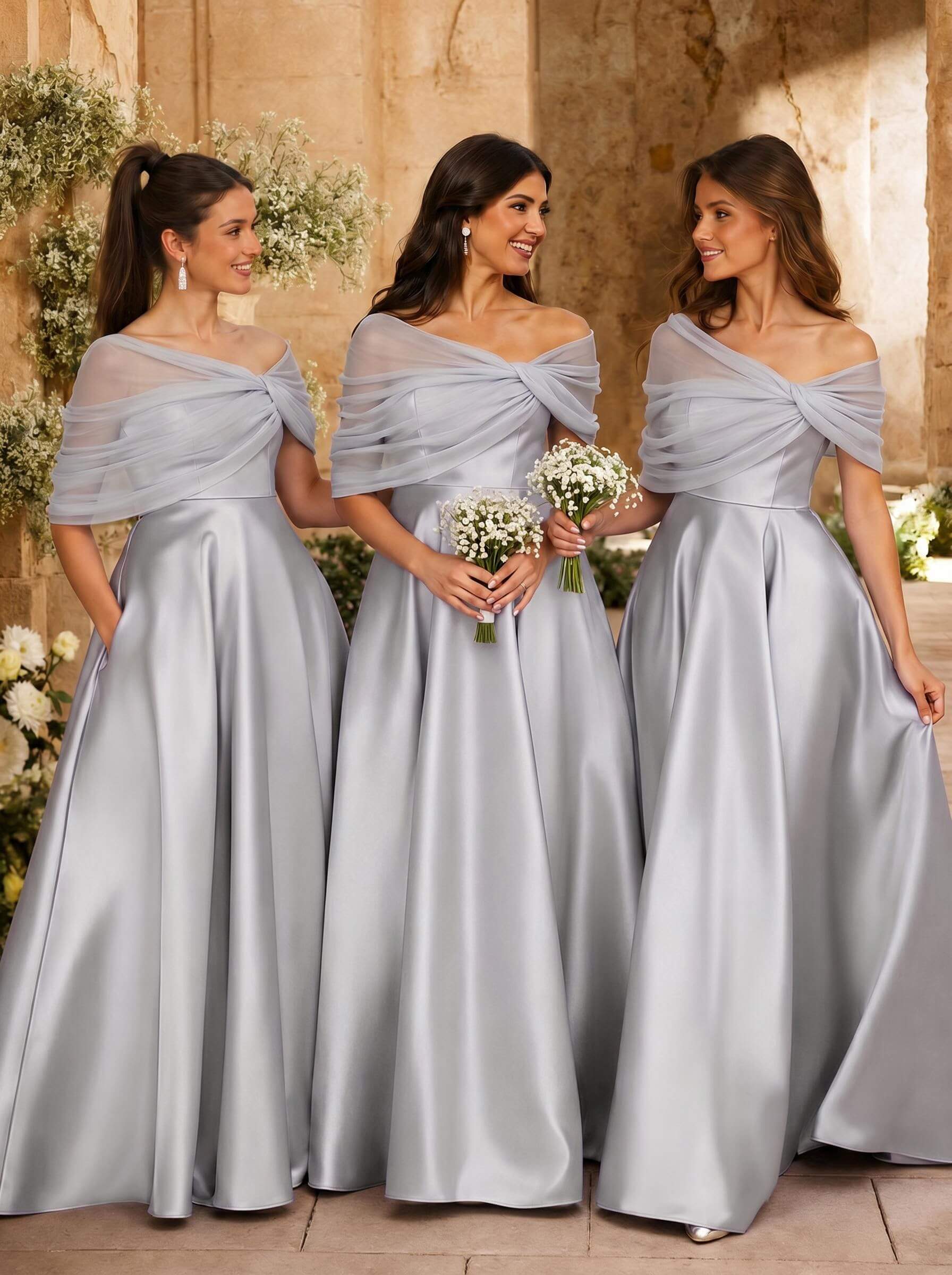 A-Line Asymmetrical Short Sleeves Sweep Train Satin Tulle Bridesmaid Dresses With Sweeping Side Drape, product image 110