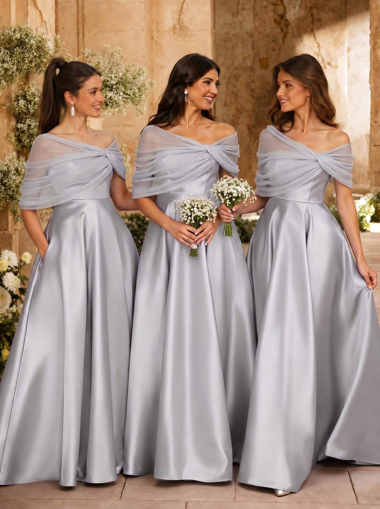 A-Line Asymmetrical Short Sleeves Sweep Train Satin Tulle Bridesmaid Dresses With Sweeping Side Drape, product image 110