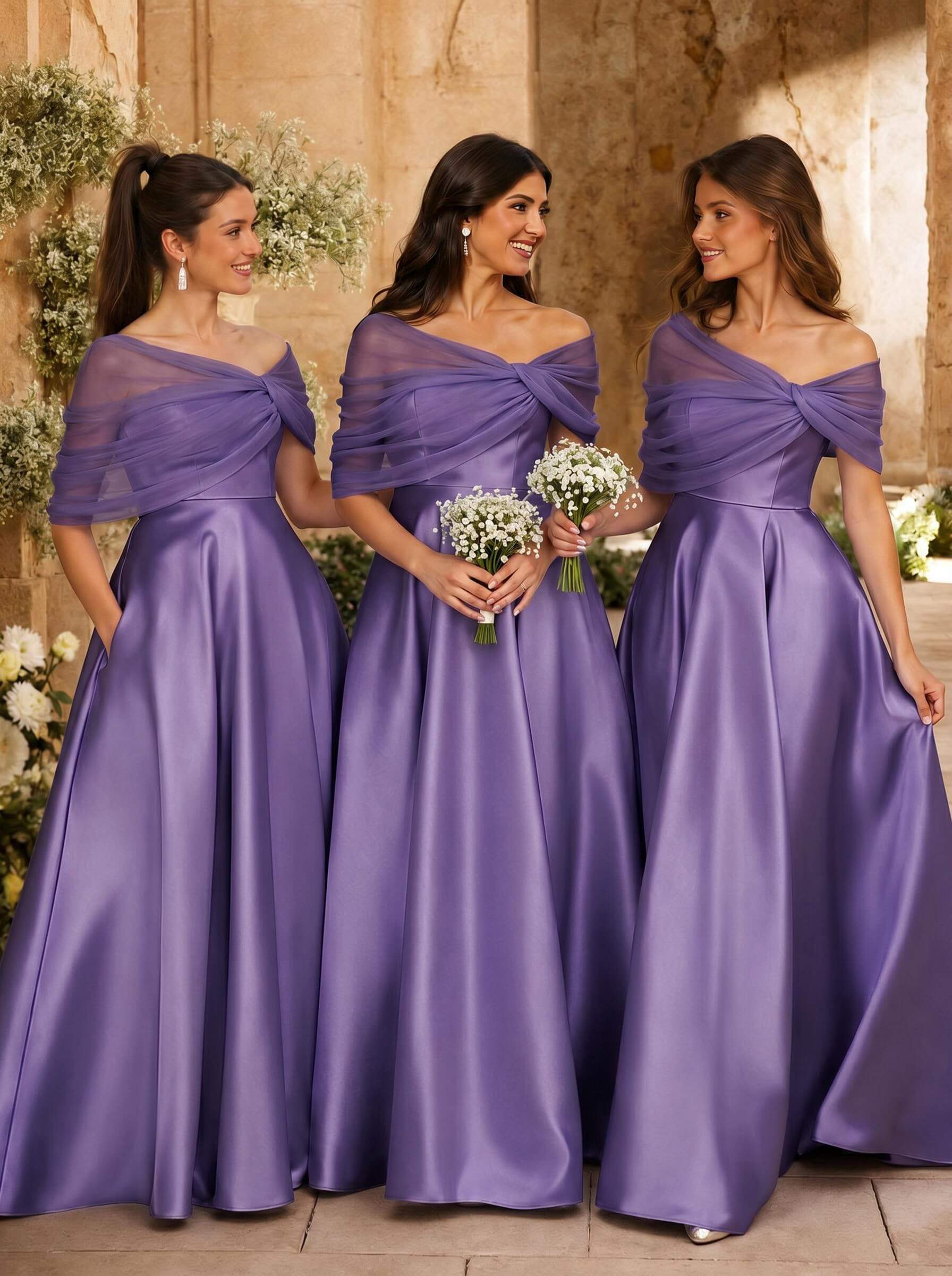 A-Line Asymmetrical Short Sleeves Sweep Train Satin Tulle Bridesmaid Dresses With Sweeping Side Drape, product image 66