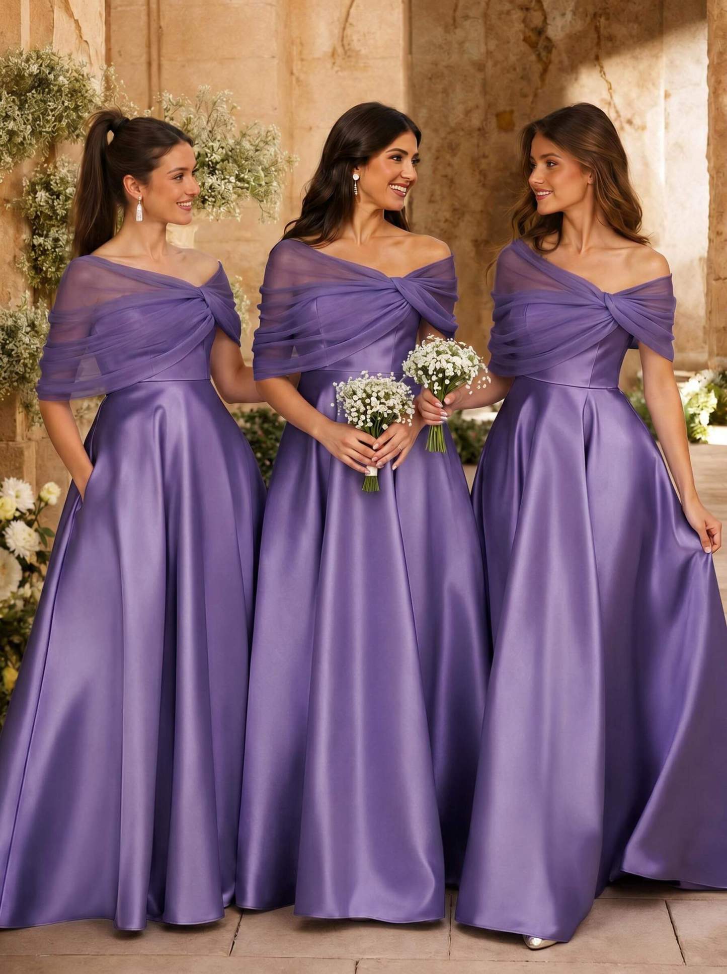 A-Line Asymmetrical Short Sleeves Sweep Train Satin Tulle Bridesmaid Dresses With Sweeping Side Drape, product image 66