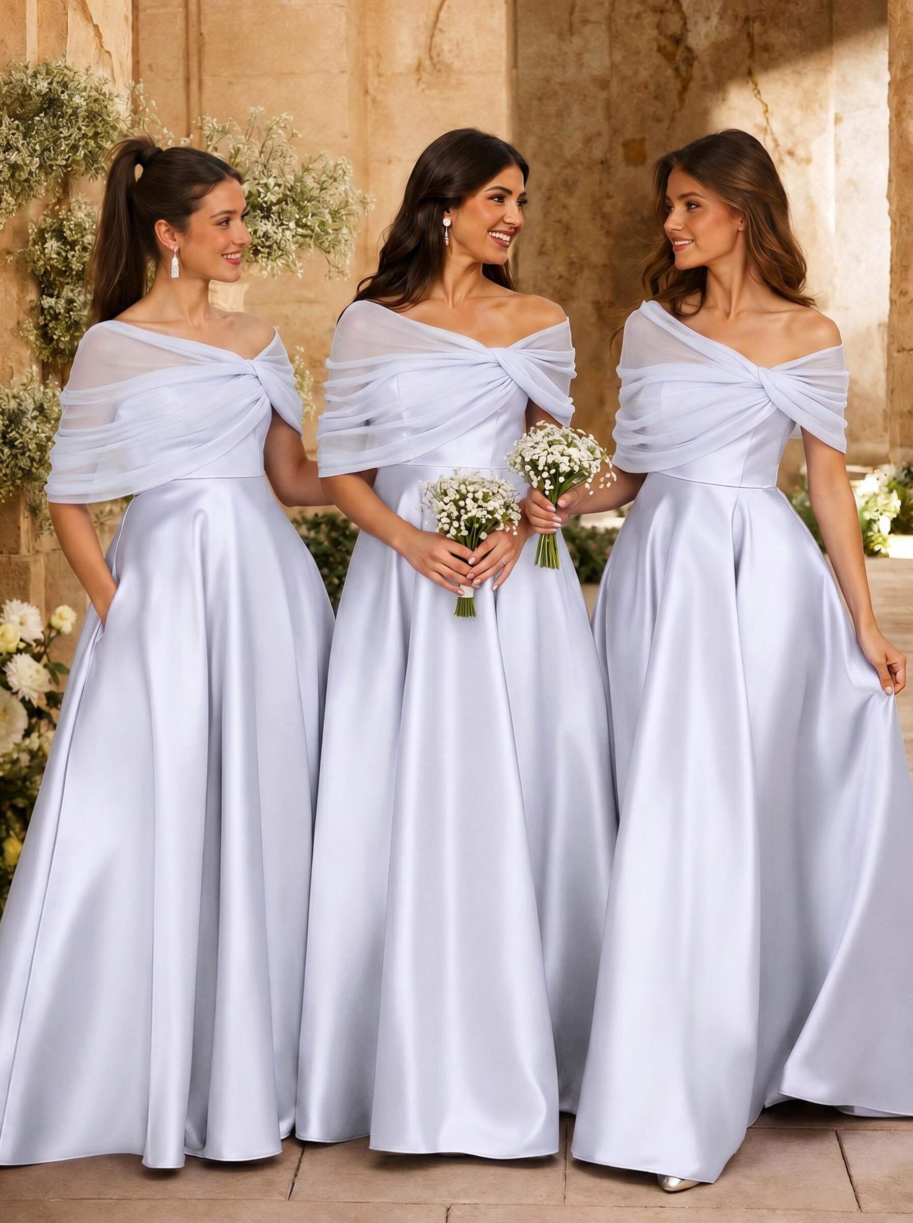 A-Line Asymmetrical Short Sleeves Sweep Train Satin Tulle Bridesmaid Dresses With Sweeping Side Drape, product image 108