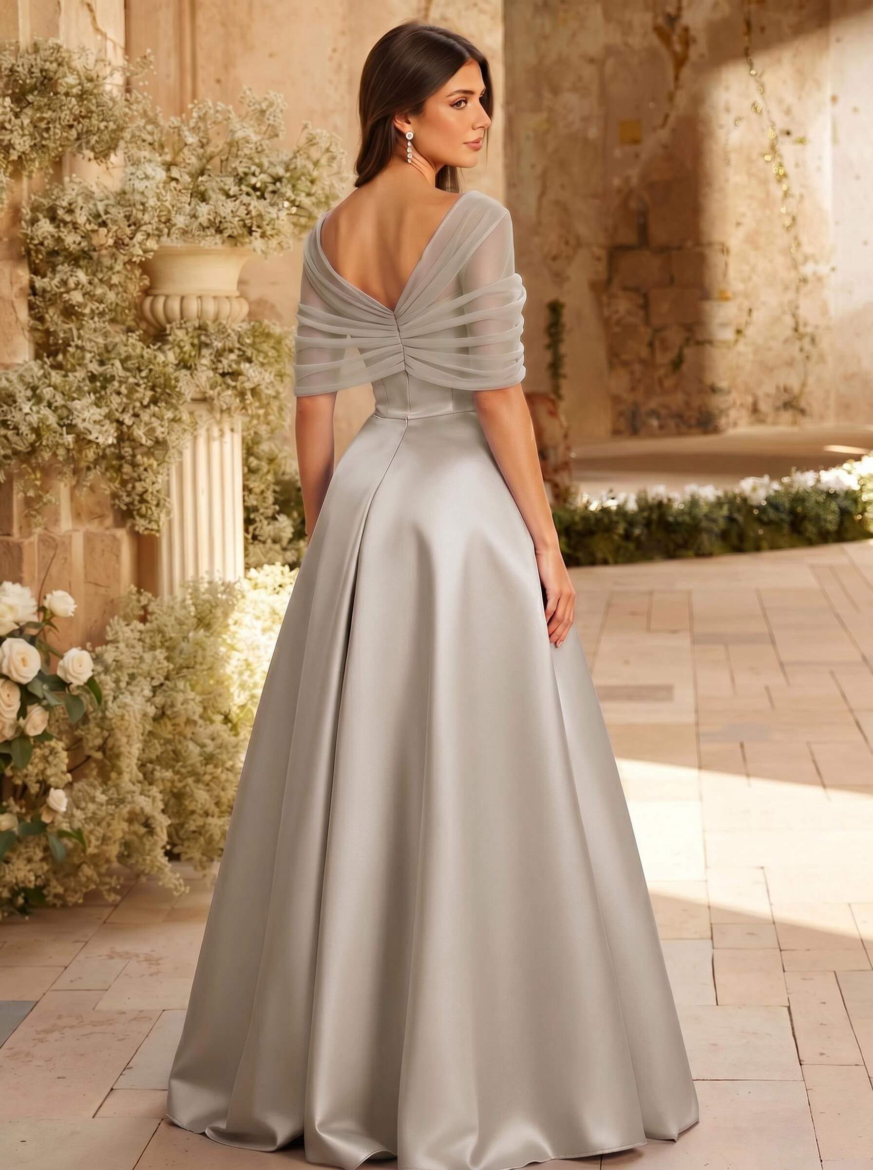 A-Line Asymmetrical Short Sleeves Sweep Train Satin Tulle Bridesmaid Dresses With Sweeping Side Drape, product image 123