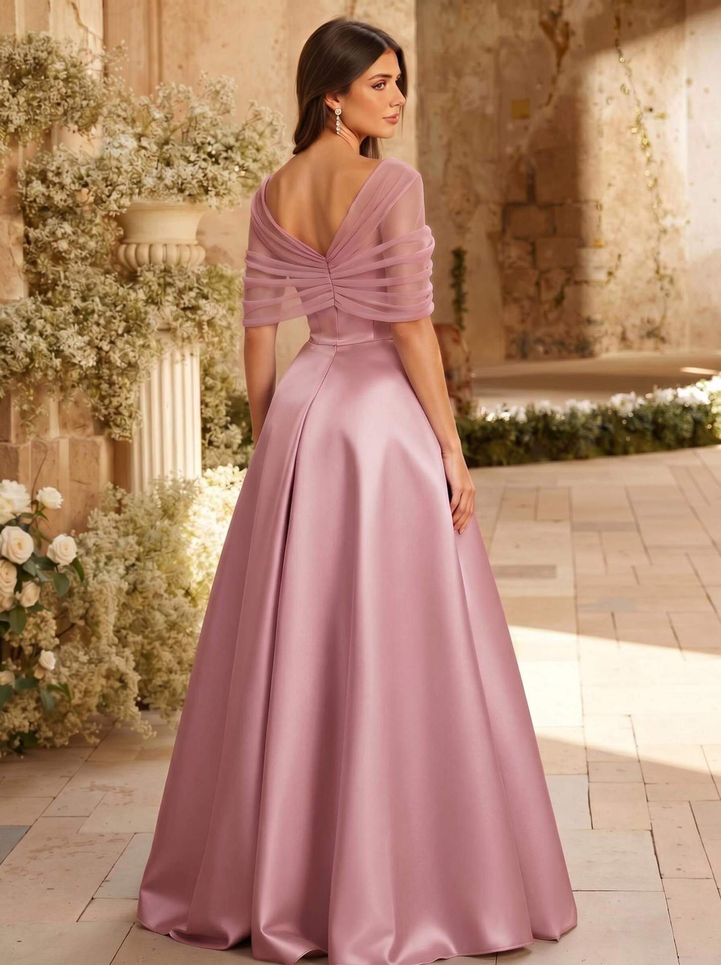 A-Line Asymmetrical Short Sleeves Sweep Train Satin Tulle Bridesmaid Dresses With Sweeping Side Drape, product image 47