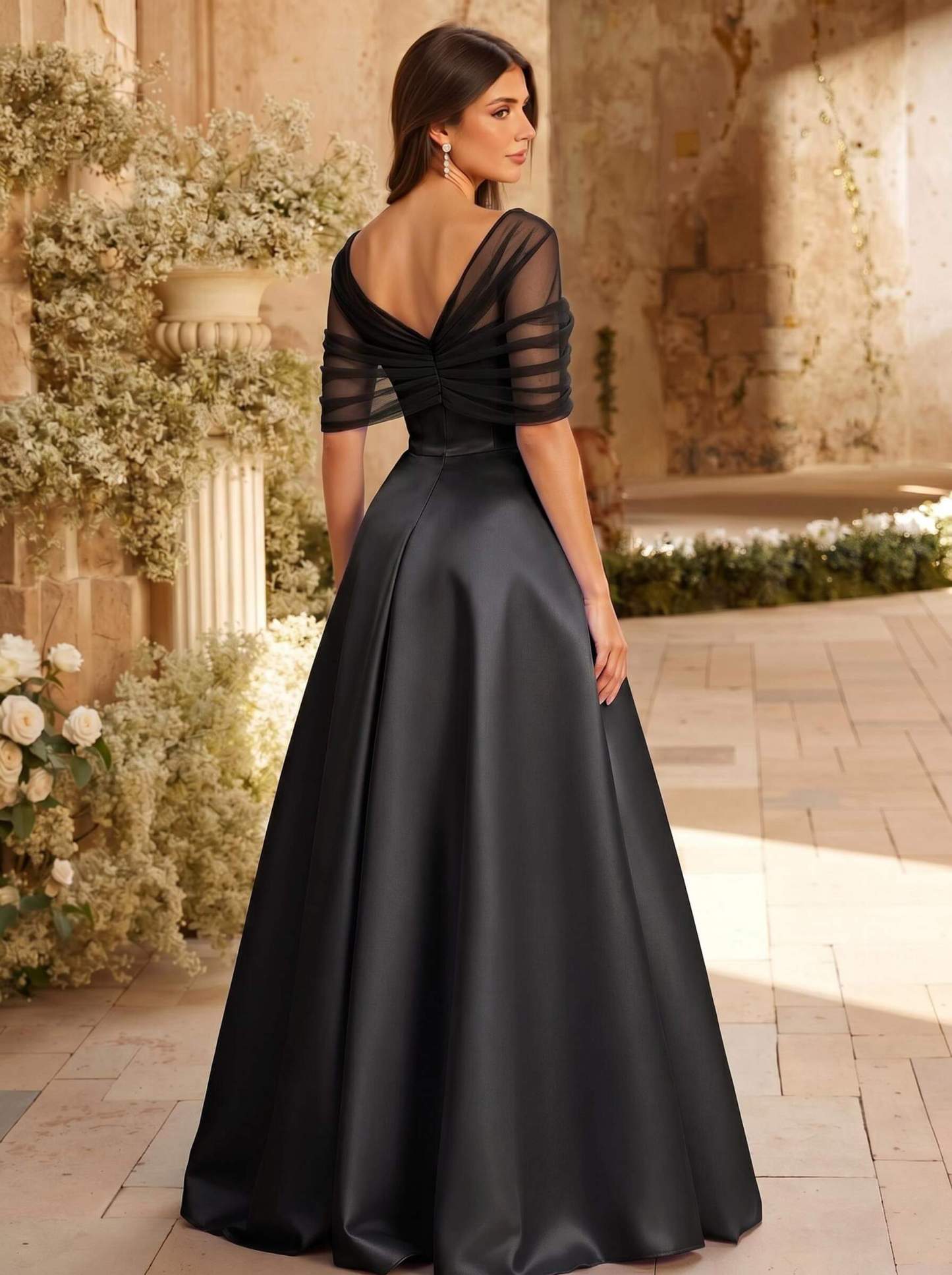A-Line Asymmetrical Short Sleeves Sweep Train Satin Tulle Bridesmaid Dresses With Sweeping Side Drape, product image 115