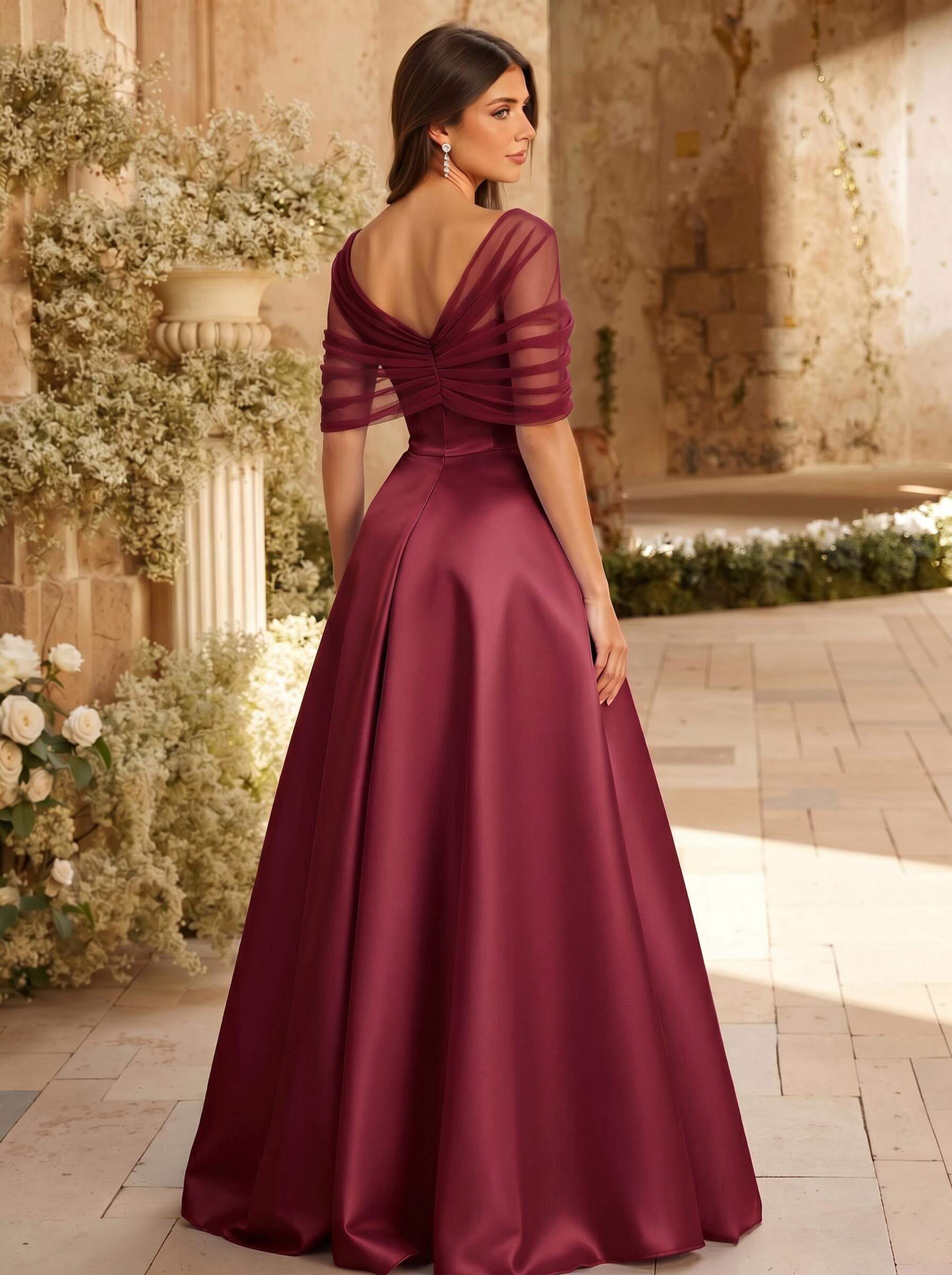 A-Line Asymmetrical Short Sleeves Sweep Train Satin Tulle Bridesmaid Dresses With Sweeping Side Drape, product image 31