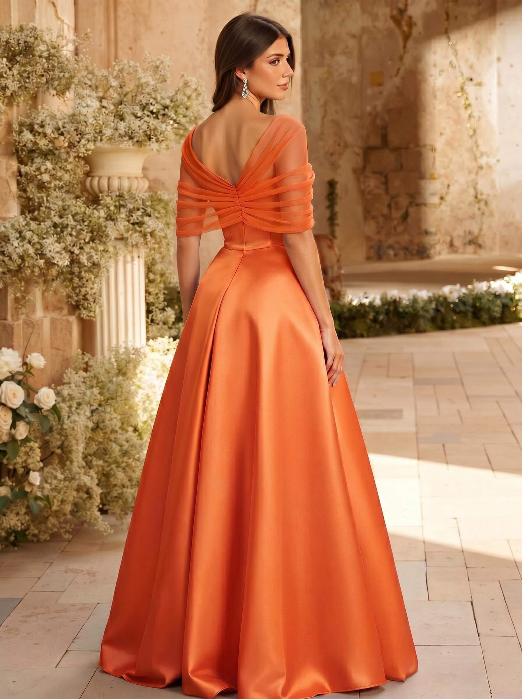 A-Line Asymmetrical Short Sleeves Sweep Train Satin Tulle Bridesmaid Dresses With Sweeping Side Drape, product image 129