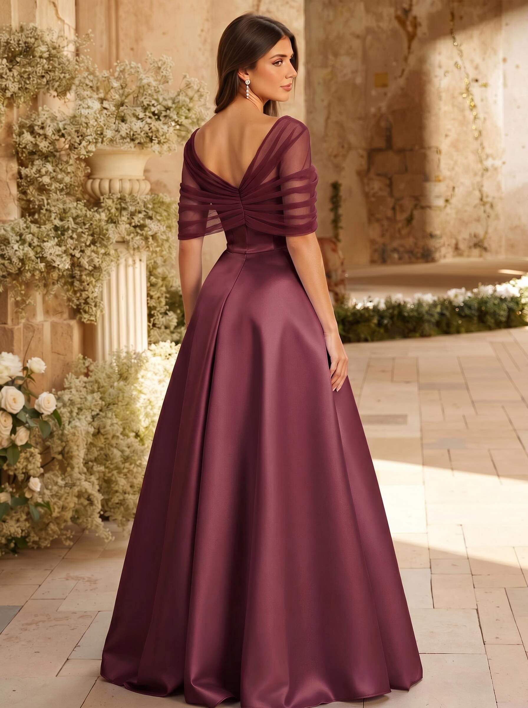 A-Line Asymmetrical Short Sleeves Sweep Train Satin Tulle Bridesmaid Dresses With Sweeping Side Drape, product image 29