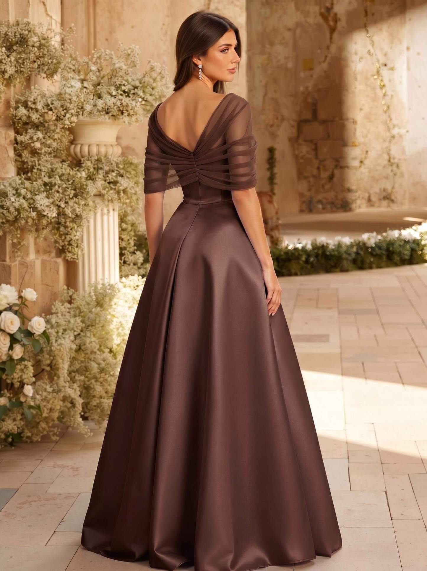 A-Line Asymmetrical Short Sleeves Sweep Train Satin Tulle Bridesmaid Dresses With Sweeping Side Drape, product image 105