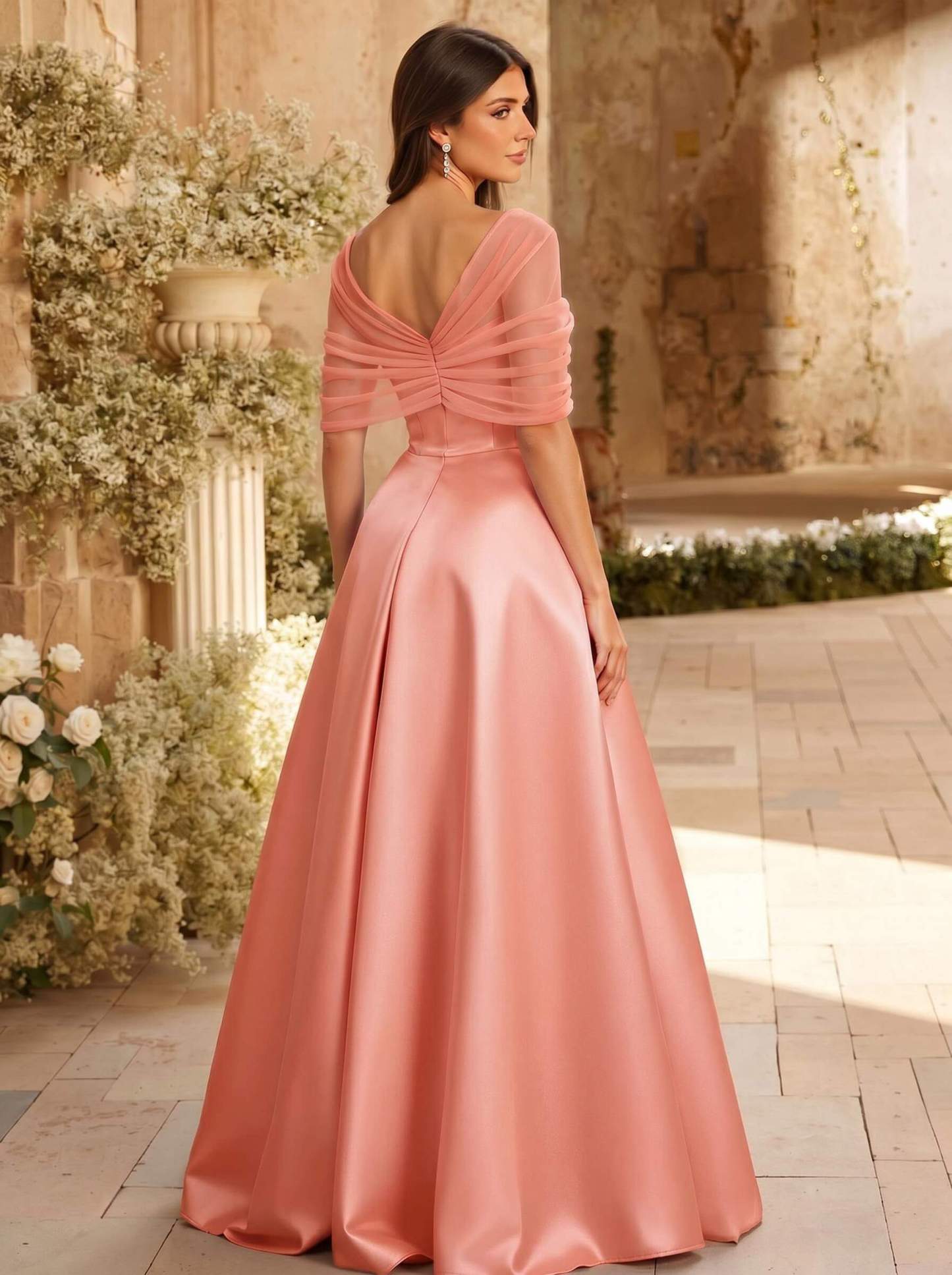 A-Line Asymmetrical Short Sleeves Sweep Train Satin Tulle Bridesmaid Dresses With Sweeping Side Drape, product image 51