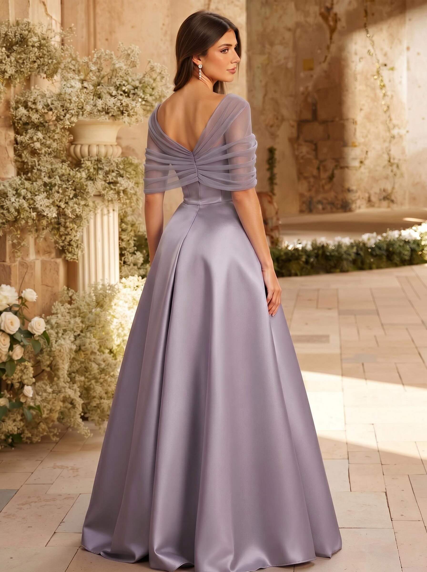 A-Line Asymmetrical Short Sleeves Sweep Train Satin Tulle Bridesmaid Dresses With Sweeping Side Drape, product image 57