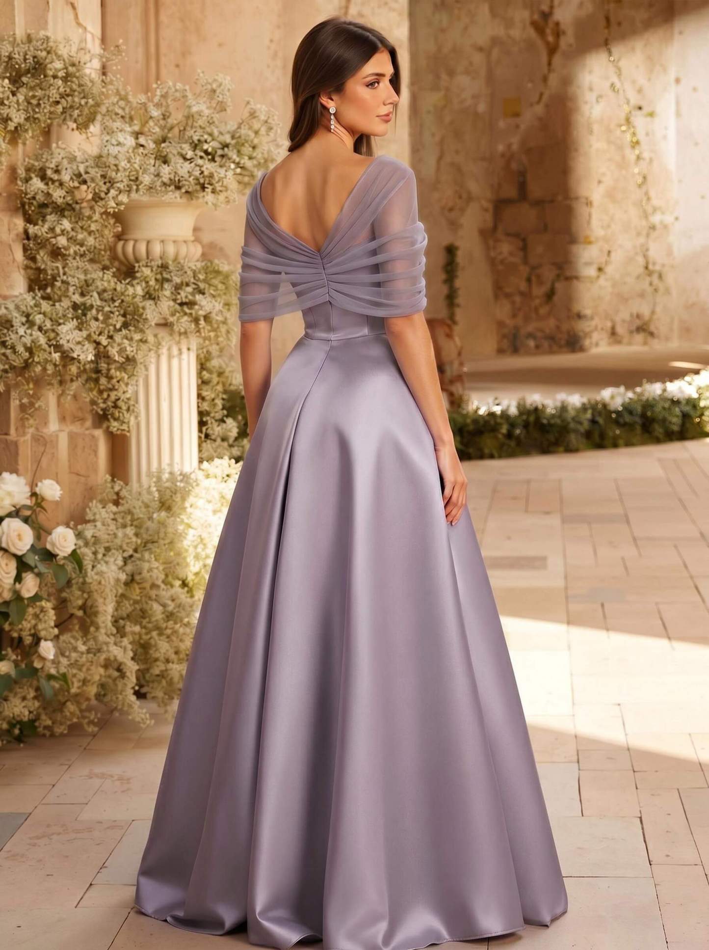 A-Line Asymmetrical Short Sleeves Sweep Train Satin Tulle Bridesmaid Dresses With Sweeping Side Drape, product image 57
