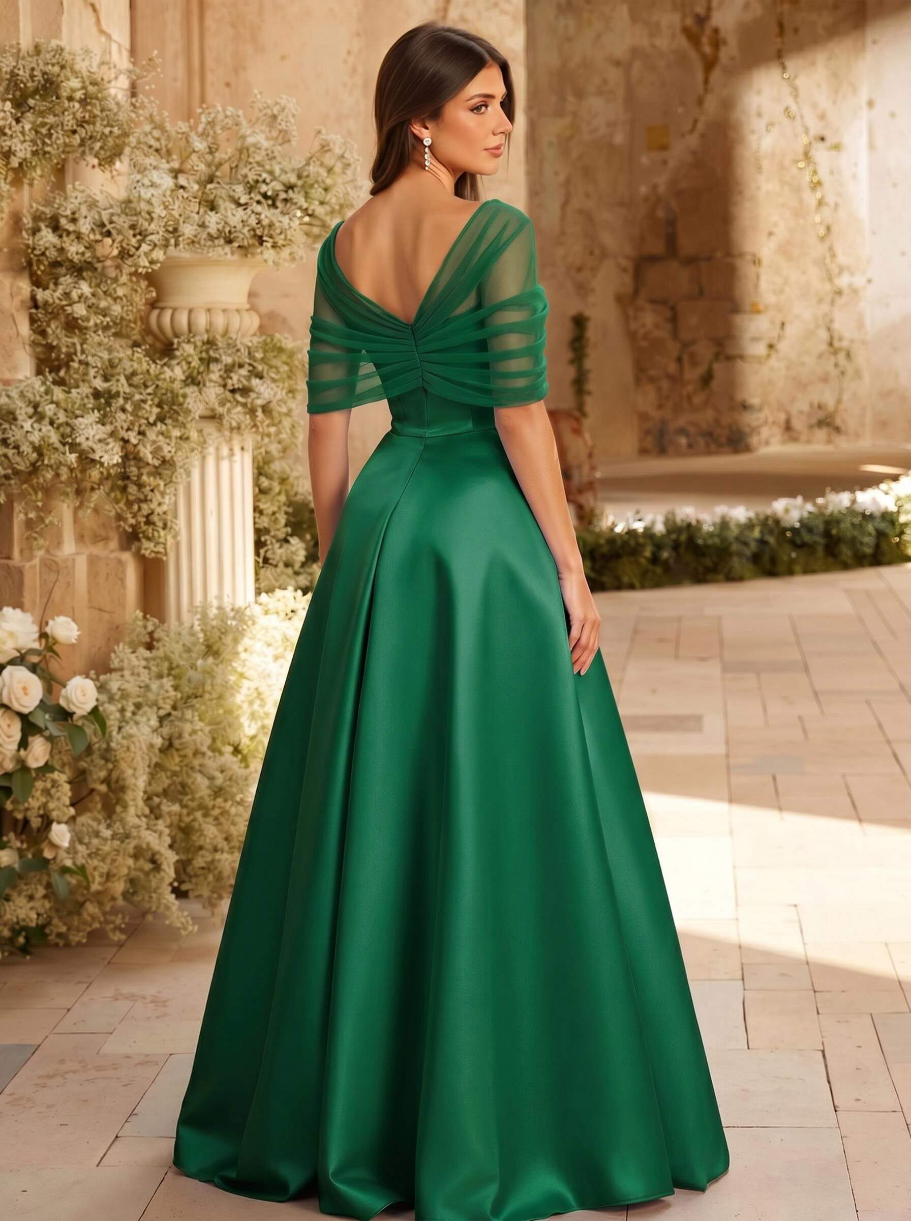 A-Line Asymmetrical Short Sleeves Sweep Train Satin Tulle Bridesmaid Dresses With Sweeping Side Drape, product image 125