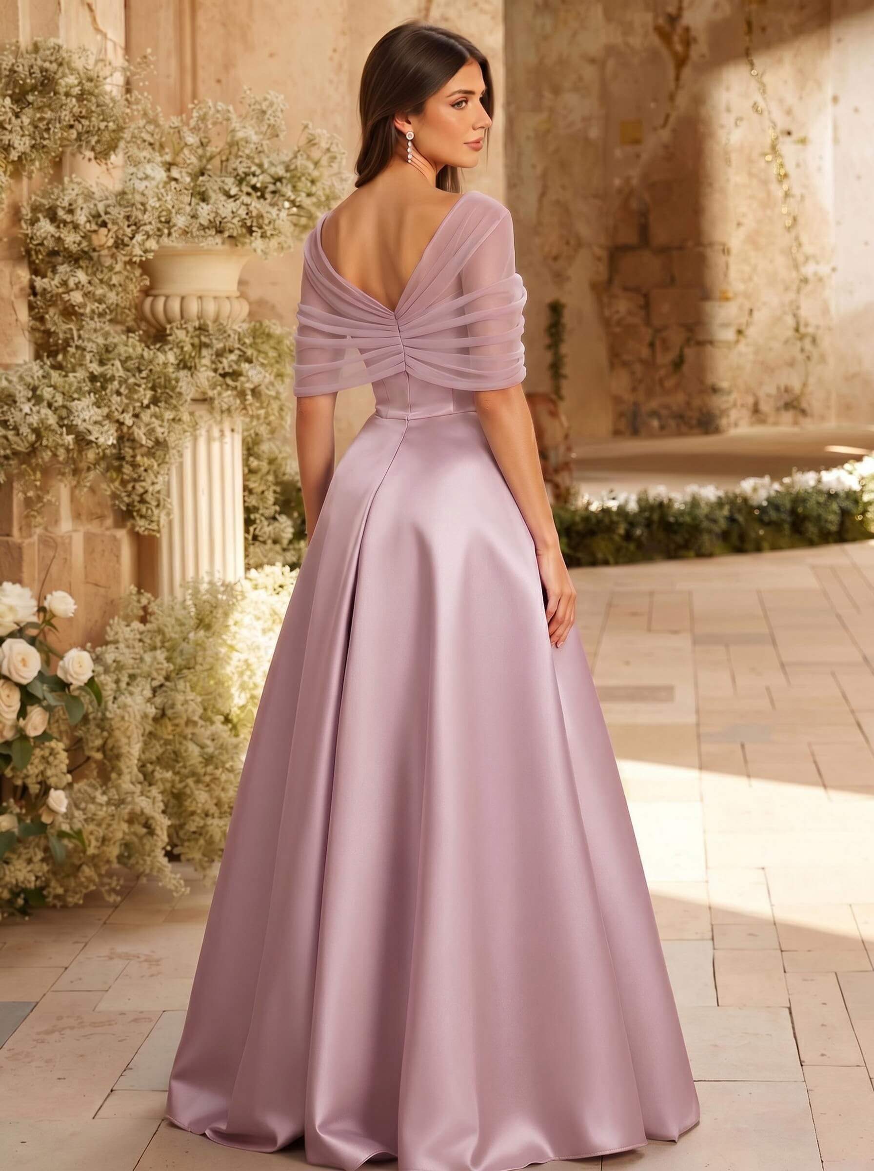 A-Line Asymmetrical Short Sleeves Sweep Train Satin Tulle Bridesmaid Dresses With Sweeping Side Drape, product image 43