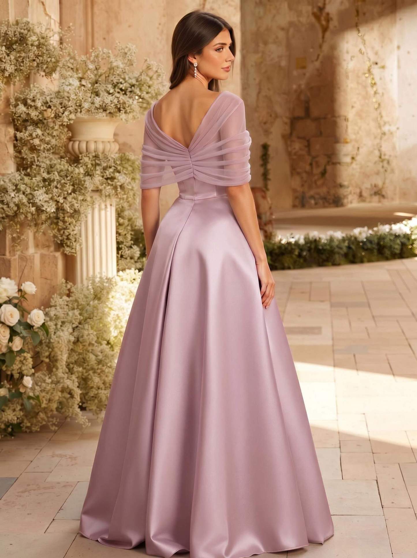A-Line Asymmetrical Short Sleeves Sweep Train Satin Tulle Bridesmaid Dresses With Sweeping Side Drape, product image 43
