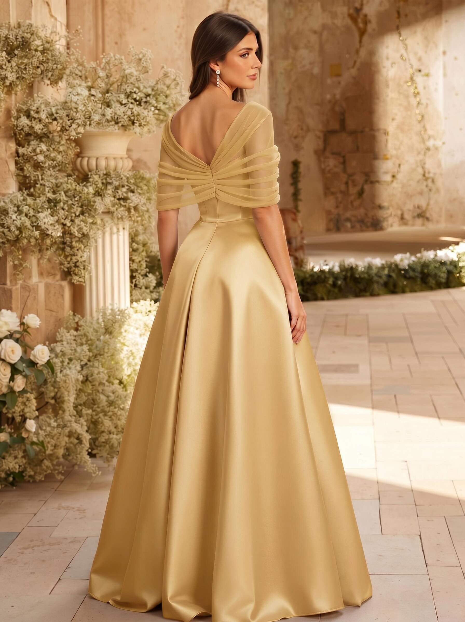 A-Line Asymmetrical Short Sleeves Sweep Train Satin Tulle Bridesmaid Dresses With Sweeping Side Drape, product image 99