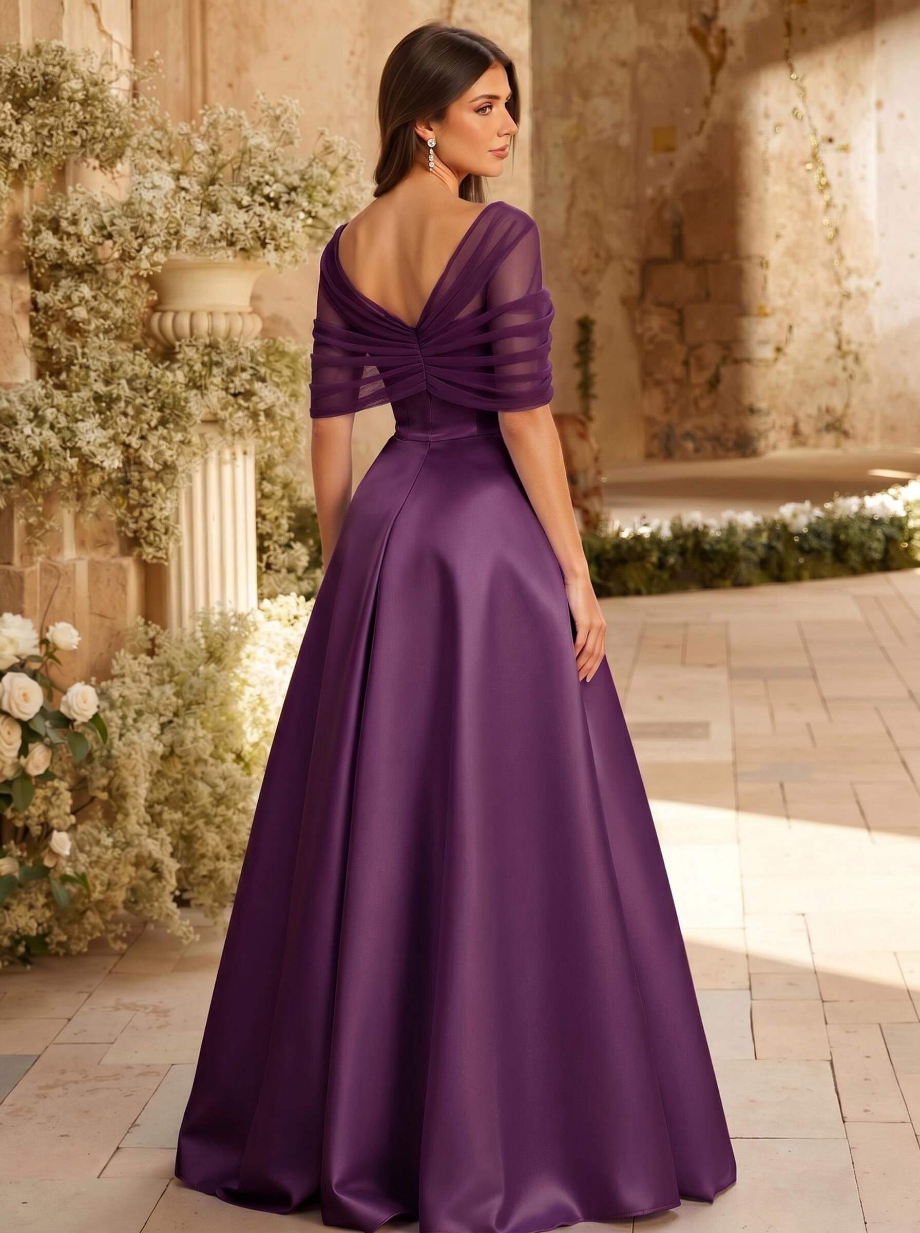 A-Line Asymmetrical Short Sleeves Sweep Train Satin Tulle Bridesmaid Dresses With Sweeping Side Drape, product image 69