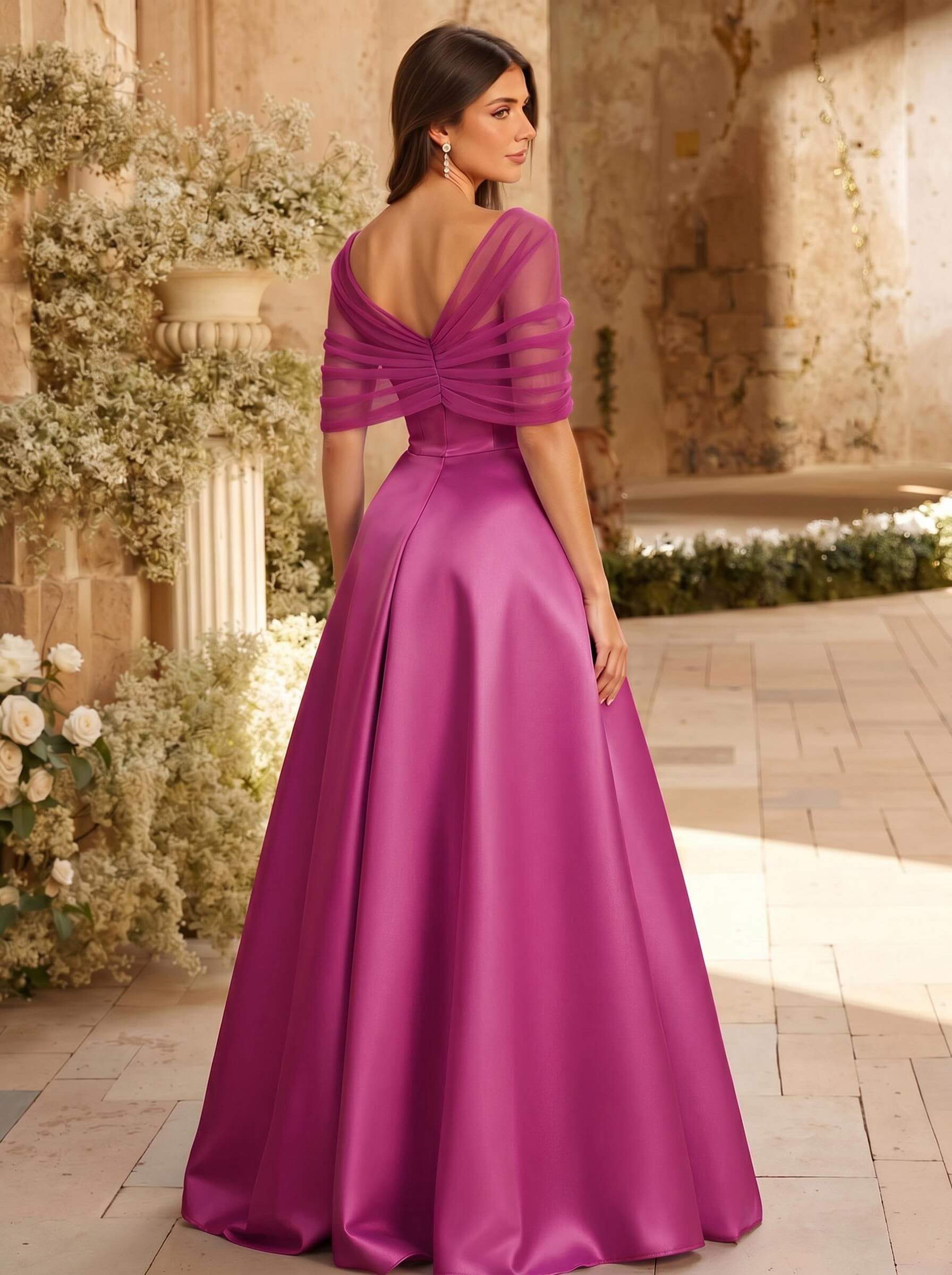 A-Line Asymmetrical Short Sleeves Sweep Train Satin Tulle Bridesmaid Dresses With Sweeping Side Drape, product image 73