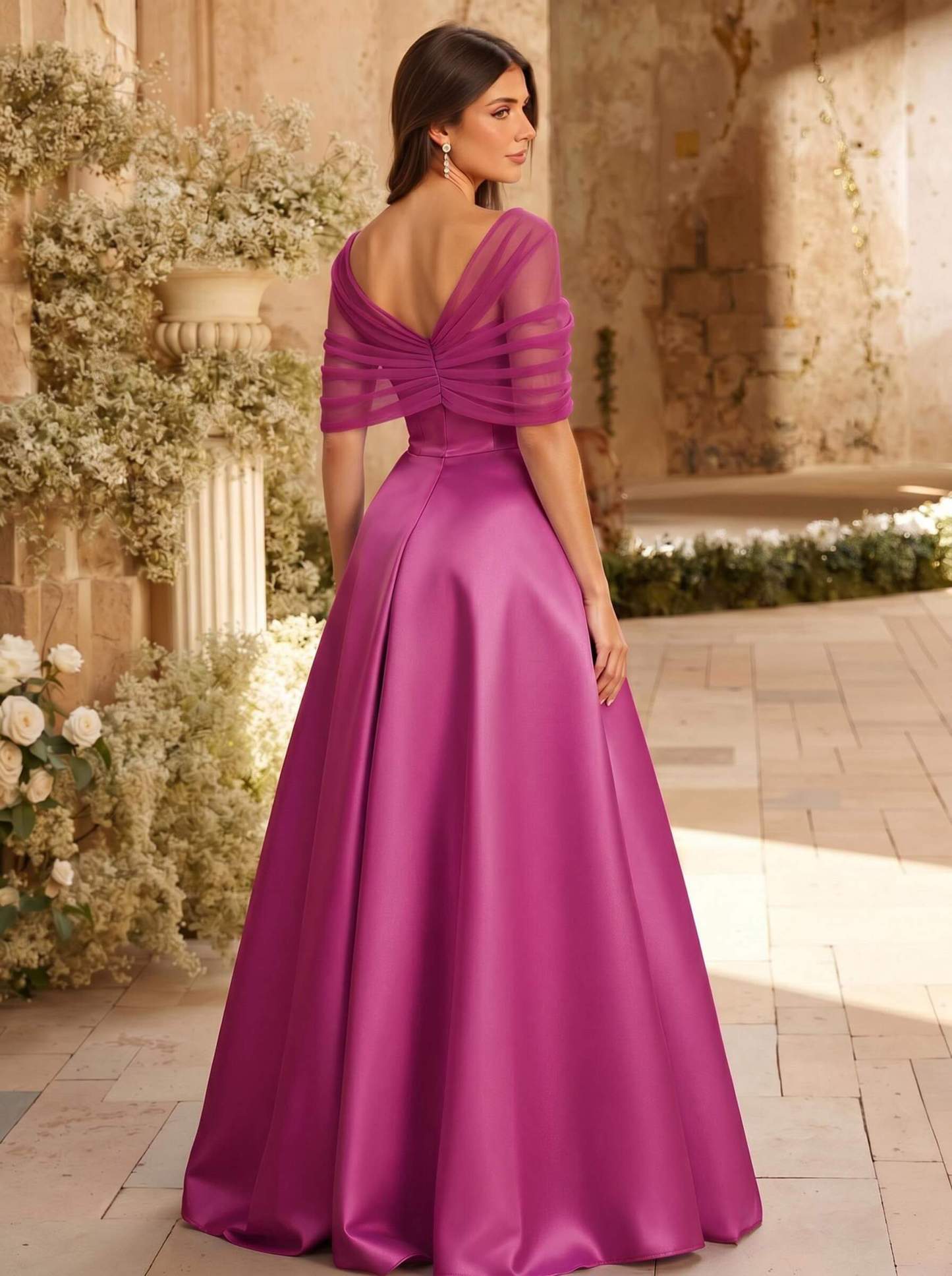 A-Line Asymmetrical Short Sleeves Sweep Train Satin Tulle Bridesmaid Dresses With Sweeping Side Drape, product image 73