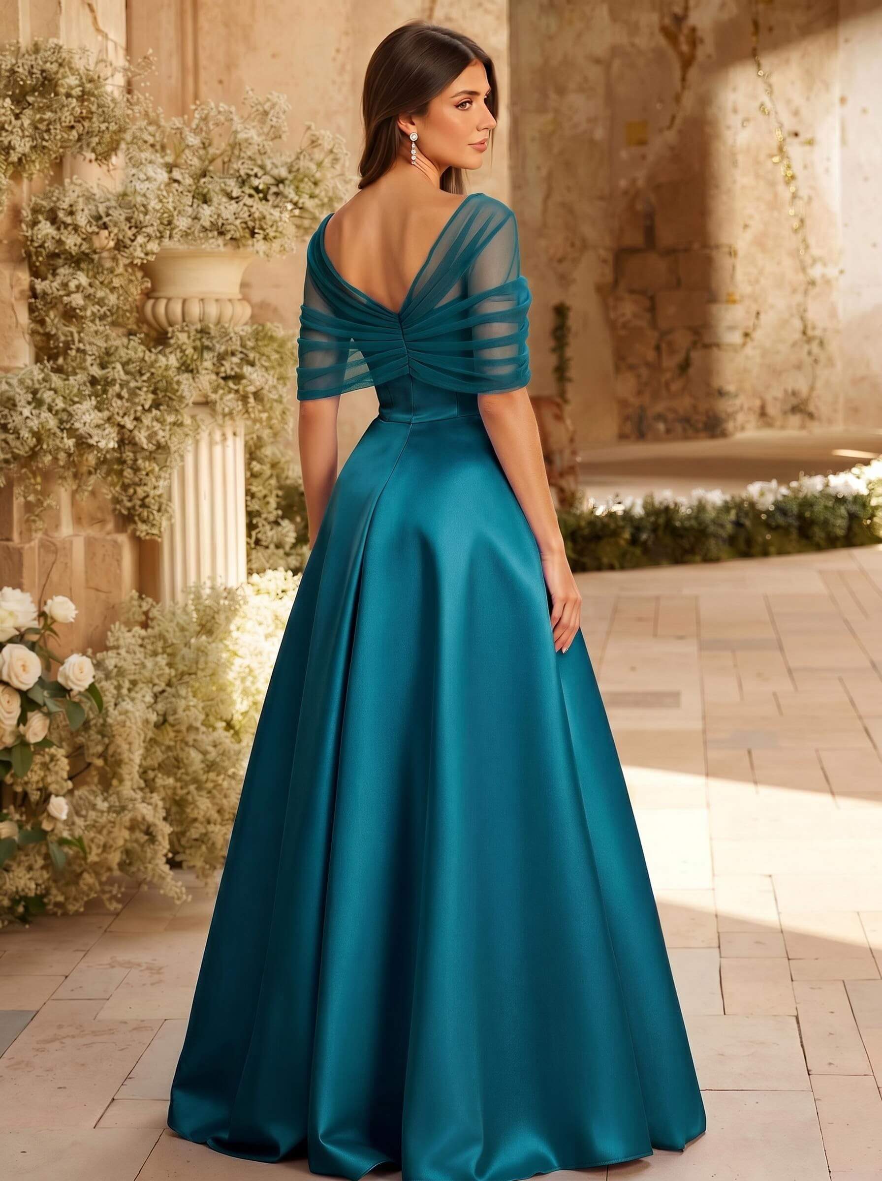 A-Line Asymmetrical Short Sleeves Sweep Train Satin Tulle Bridesmaid Dresses With Sweeping Side Drape, product image 15
